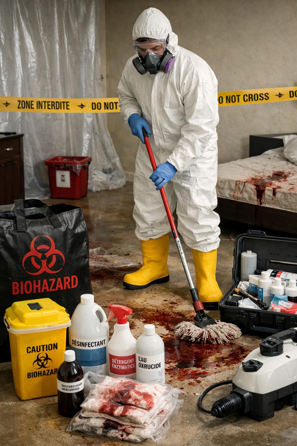 Technicien en tenue de protection utilisant du matériel et des produits de nettoyage après décès dans une pièce sécurisée