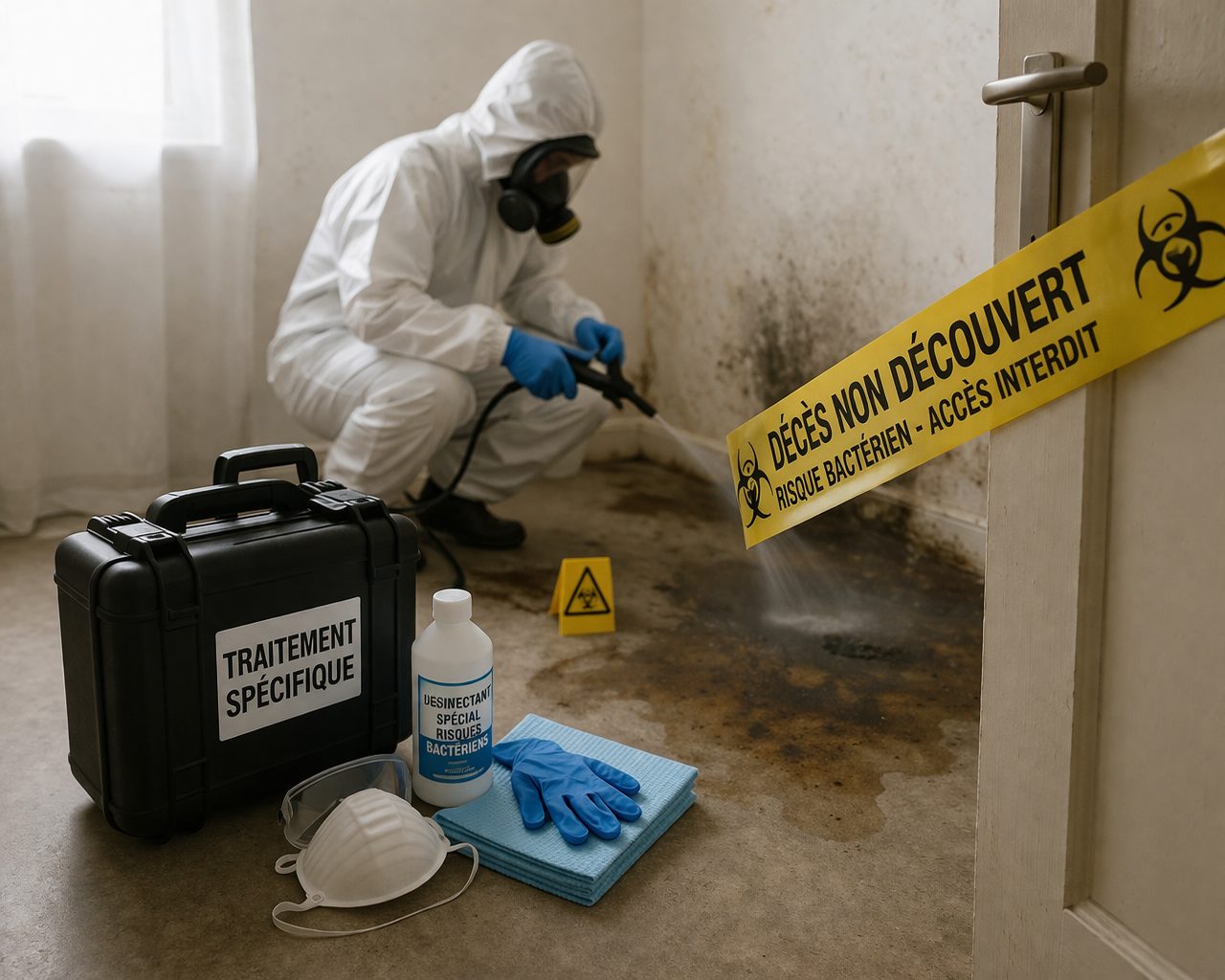 Technicien en combinaison de protection réalisant un traitement spécifique dans une pièce contaminée après un décès non découvert