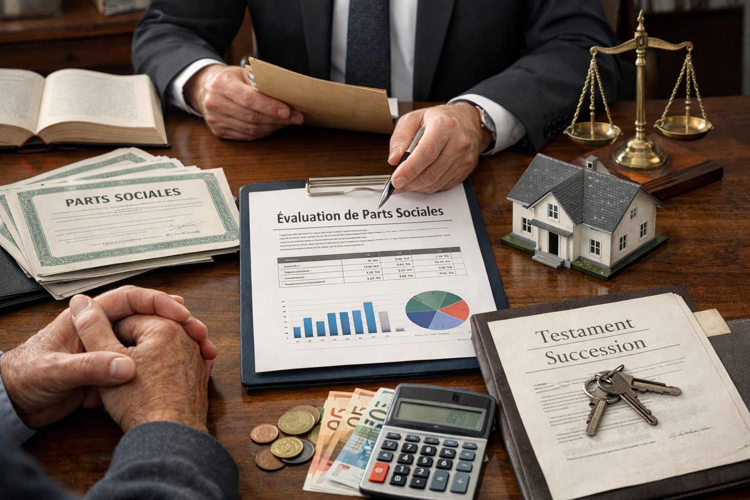Évaluation et transmission de parts sociales dans le cadre d’une succession avec documents juridiques et financiers