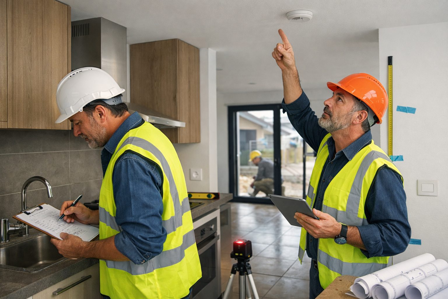 Inspecteurs de chantier effectuant les contrôles finaux dans une maison avant la fin des travaux