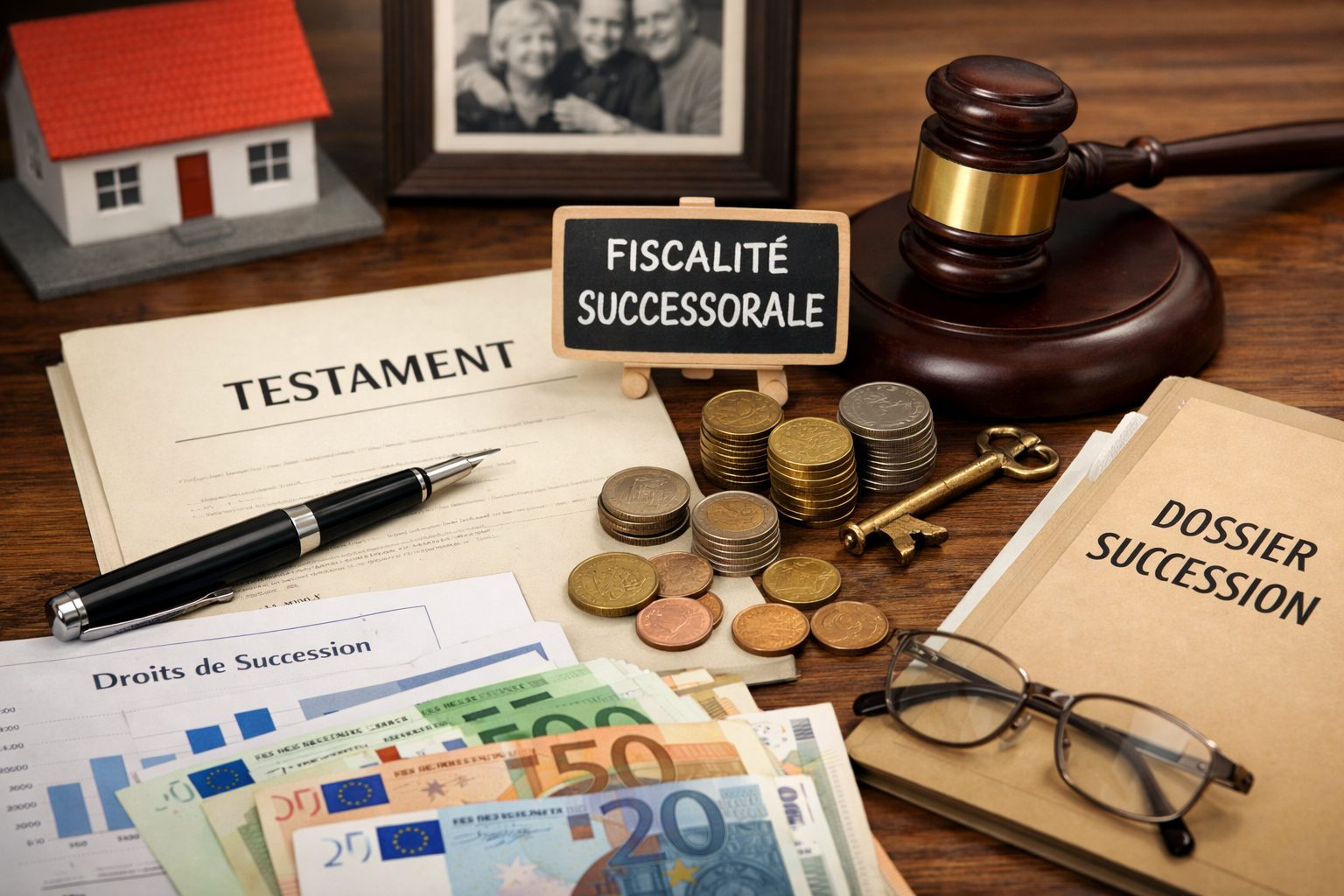 Fiscalité successorale avec testament, dossier de succession, maison miniature, marteau de juge et billets en euros sur un bureau