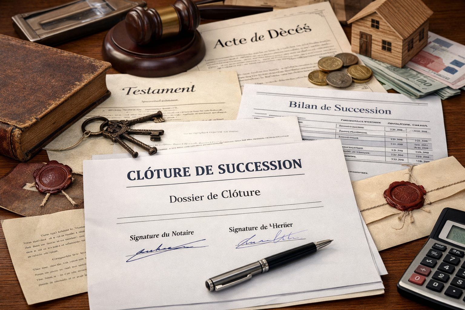 Documents de clôture de succession sur un bureau avec testament, acte de décès, bilan successoral, clés, maison miniature et stylo