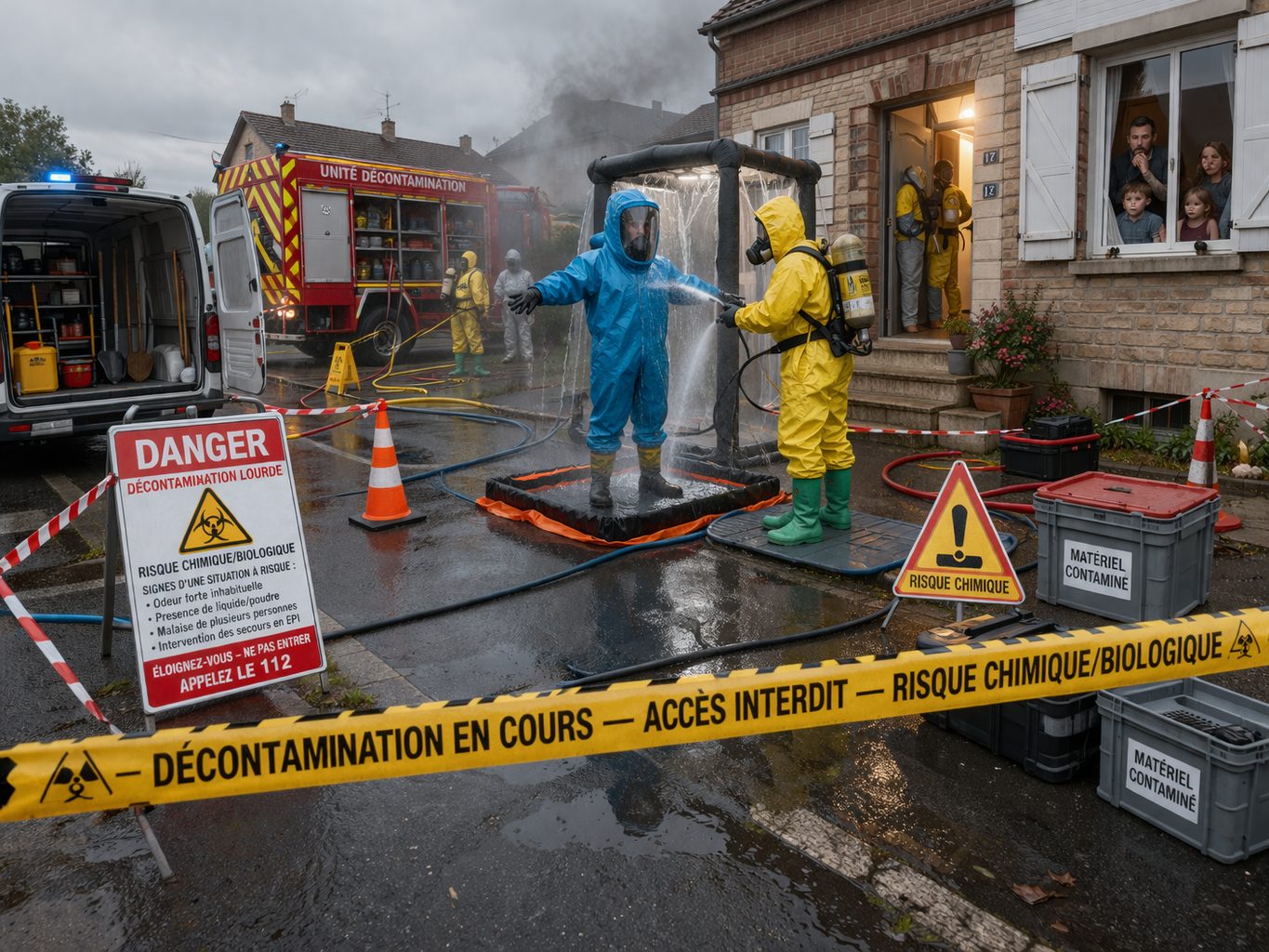 Équipe en combinaison de protection réalisant une décontamination lourde dans une pièce insalubre présentant moisissures, déchets et risque sanitaire