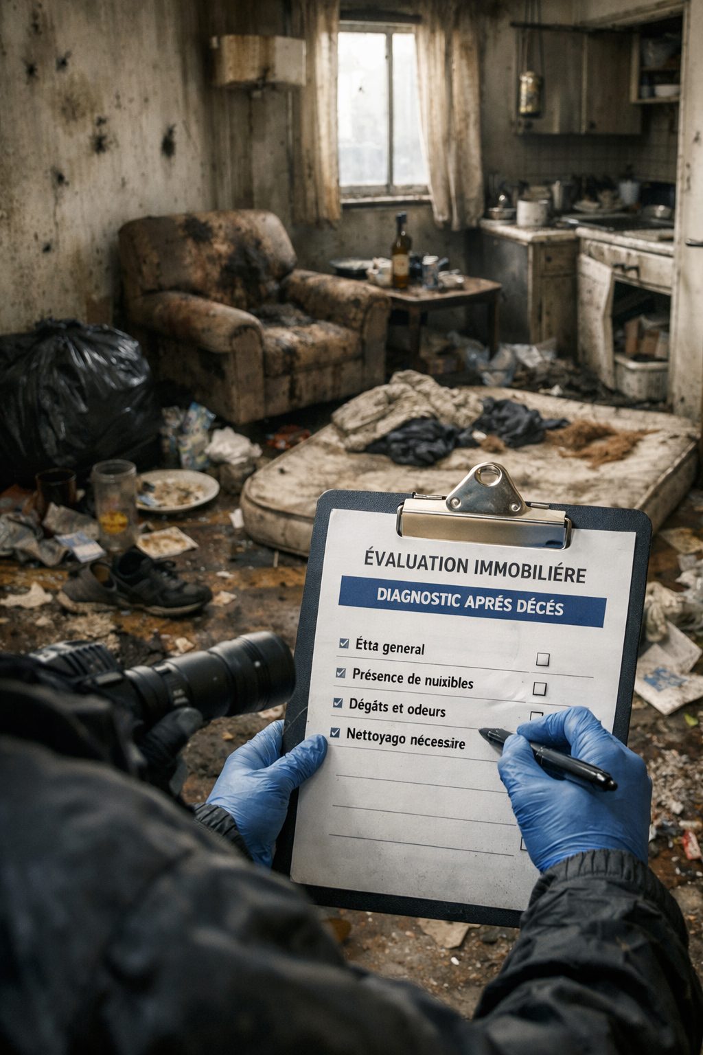 Évaluation d’un logement après décès avant intervention dans un appartement insalubre avec diagnostic visuel, encombrement, dégradations et critères sanitaires
