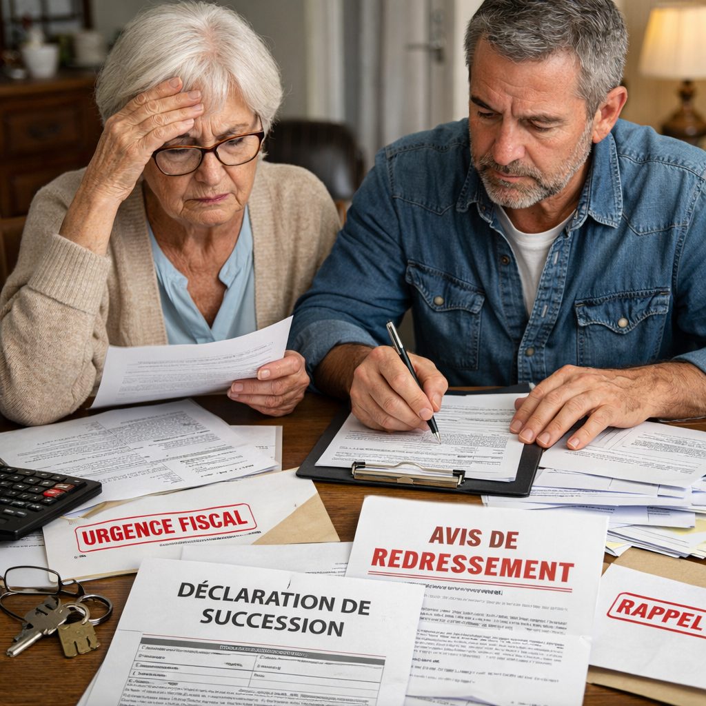 Héritiers examinant une déclaration de succession et des courriers fiscaux après un héritage