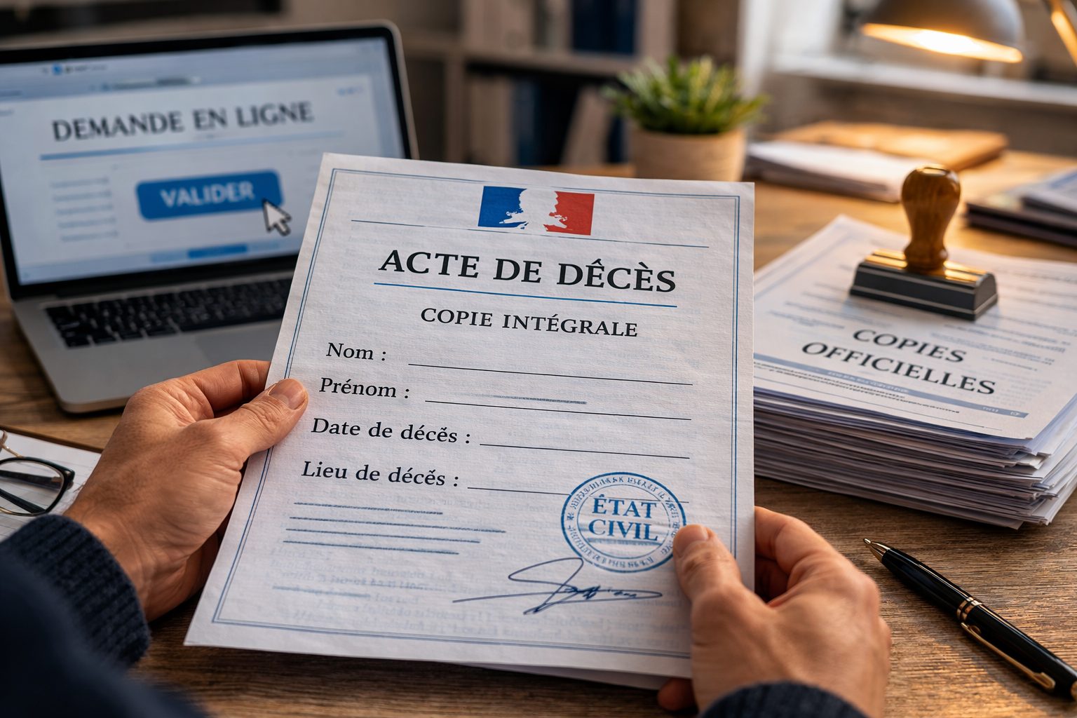 Main tenant une copie d’acte de décès sur un bureau avec ordinateur, tampon et dossiers de copies officielles