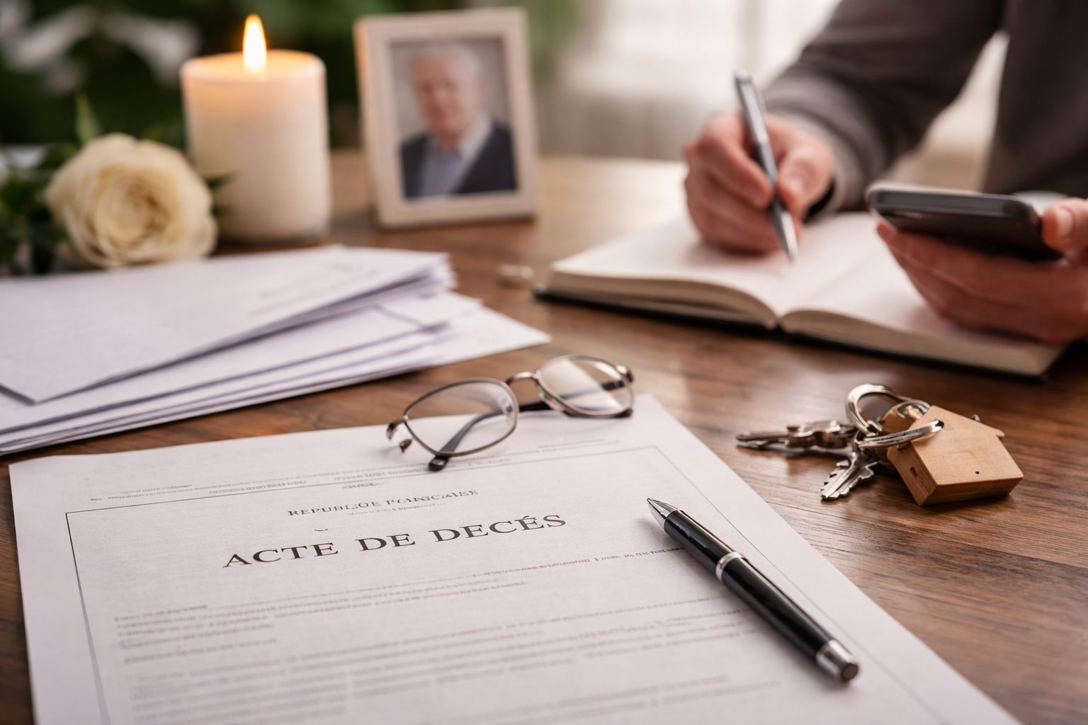 Acte de décès posé sur une table avec stylo, lunettes, clés et bougie, illustrant les démarches administratives à effectuer dans les premières 24 heures après un décès