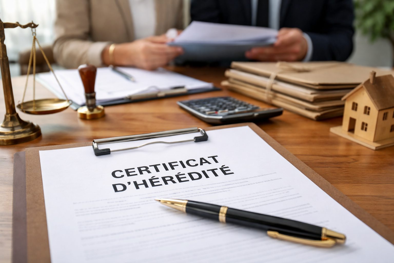 Document “Certificat d’hérédité” posé sur un bureau en bois avec un stylo, un sceau, une balance de justice et une maquette de maison, dans un bureau de notaire