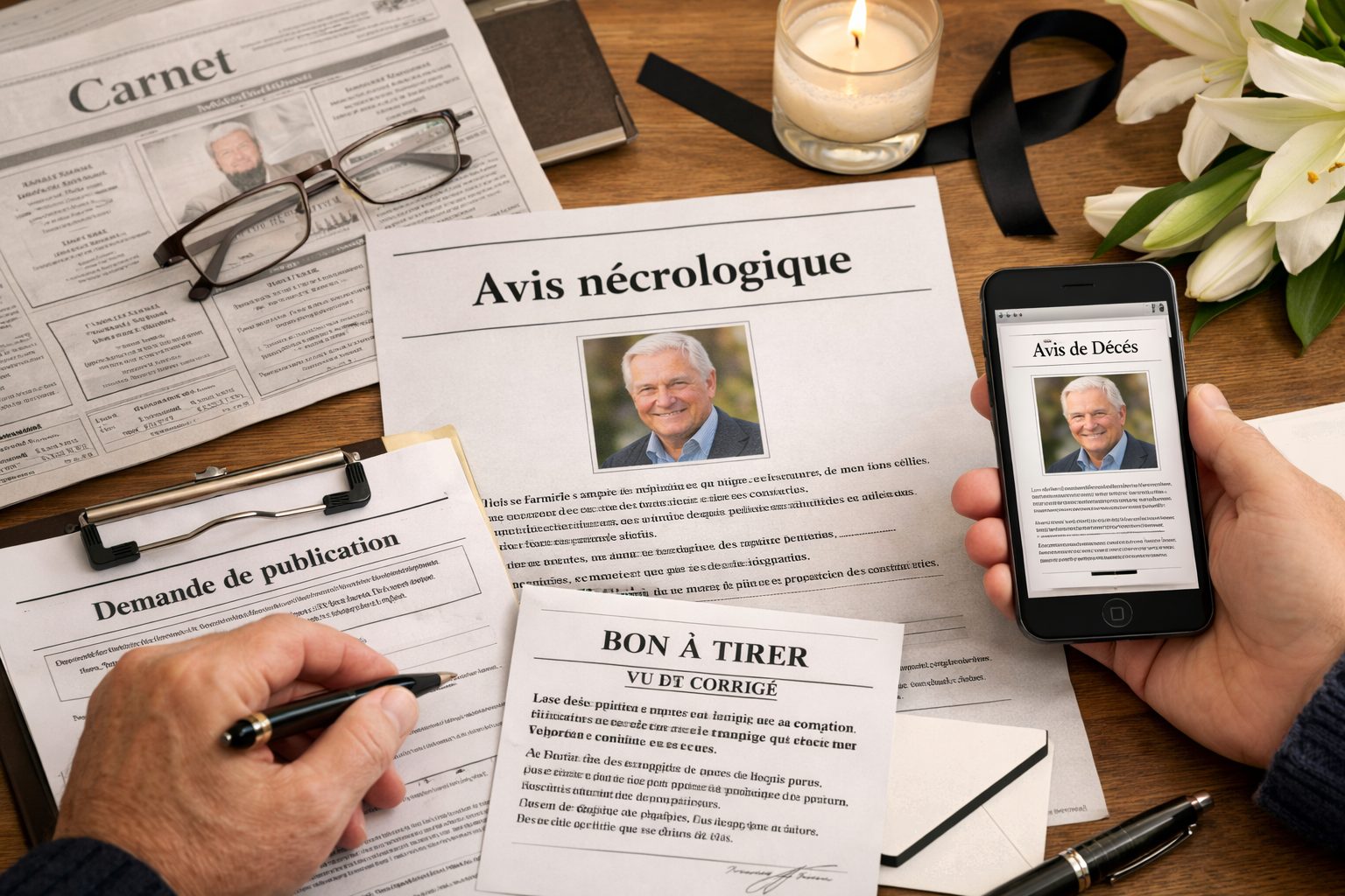 Avis nécrologique en cours de rédaction avec documents funéraires, notes, journal et préparation des règles de publication