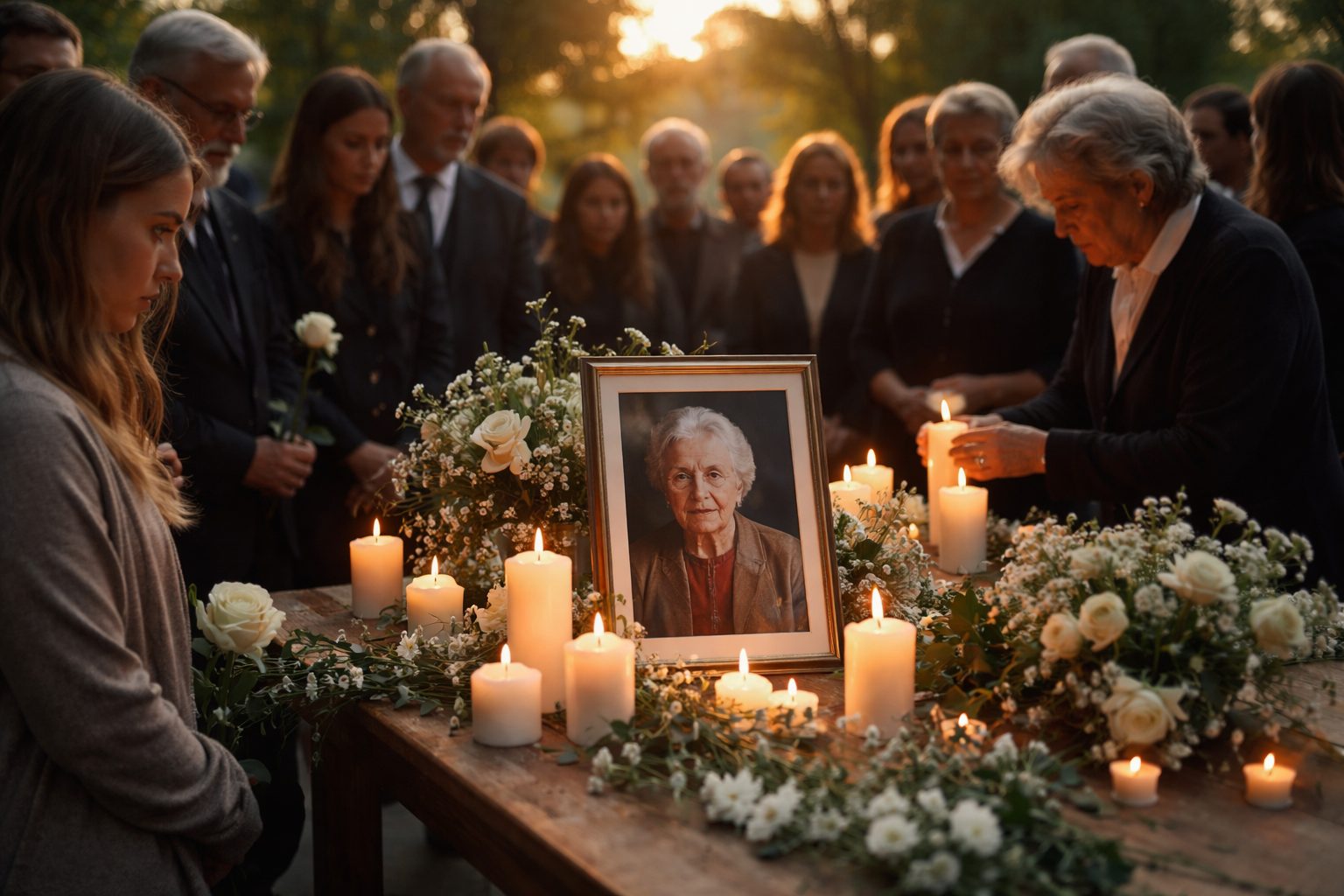 Des proches réunis autour d’une table avec bougies, fleurs blanches et photo encadrée, lors d’un moment de souvenir en extérieur au coucher du soleil.