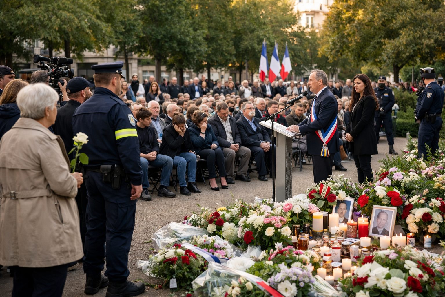 Rassemblement lors d’une cérémonie d’hommage collectif en extérieur, avec un discours au pupitre, des fleurs et des bougies, et un public recueilli