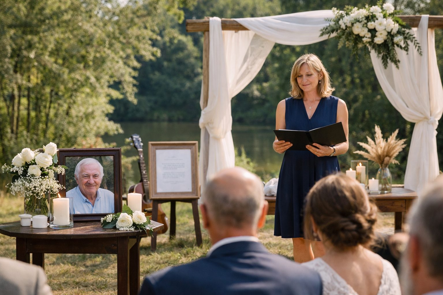 Officiante lisant un discours lors d’une cérémonie laïque en extérieur, avec photo du défunt, bougies et fleurs blanches, invités assis face à elle près d’un lac.