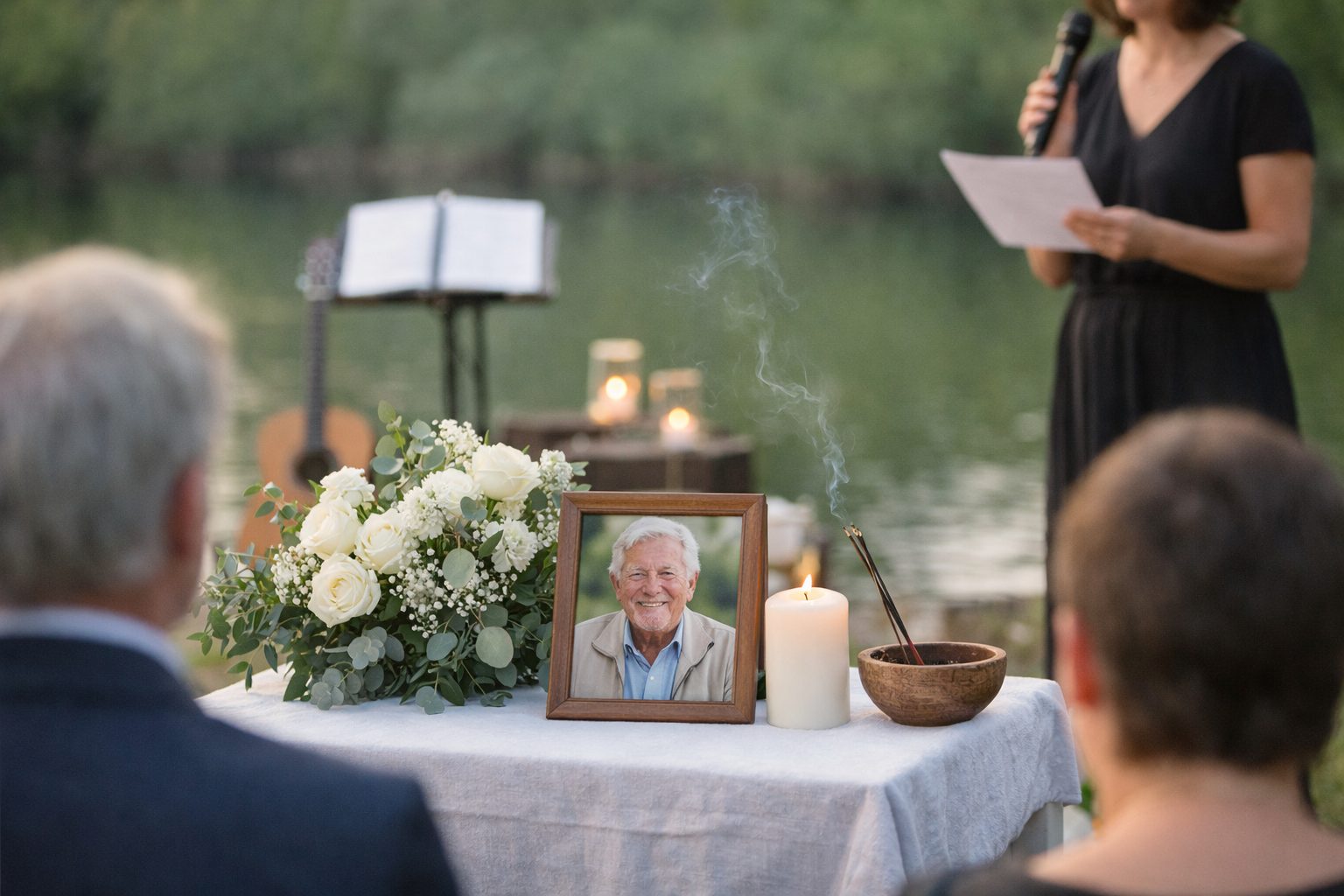 Table de cérémonie avec photo encadrée du défunt, bouquet de fleurs blanches, bougie allumée et encens, pendant une cérémonie d’hommage en extérieur au bord d’un lac.