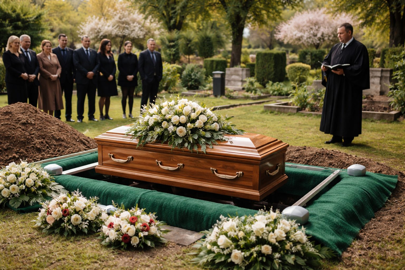 Cercueil en bois avec composition florale devant une fosse ouverte, proches rassemblés et officiant lisant un texte dans un cimetière arboré