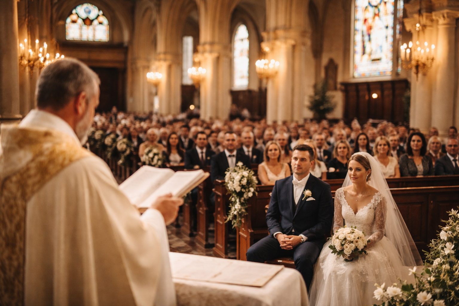 Un prêtre officie un mariage religieux dans une église, face aux mariés assis au premier rang et aux invités réunis dans la nef.