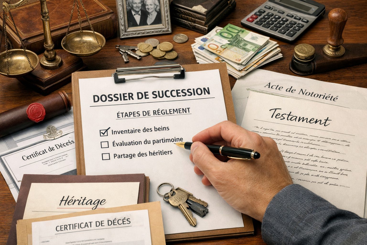 Documents de succession sur un bureau avec testament, acte de notoriété, clés, calculatrice et dossier de règlement successoral