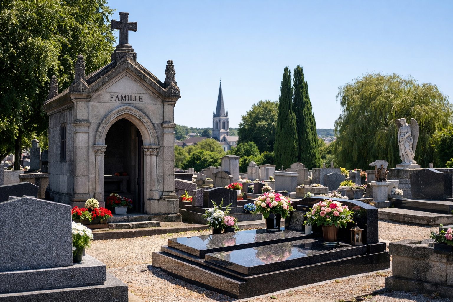 Vue horizontale d’un cimetière lumineux avec un mausolée familial en pierre, des tombes en granit fleuries, des arbres et un clocher au loin.