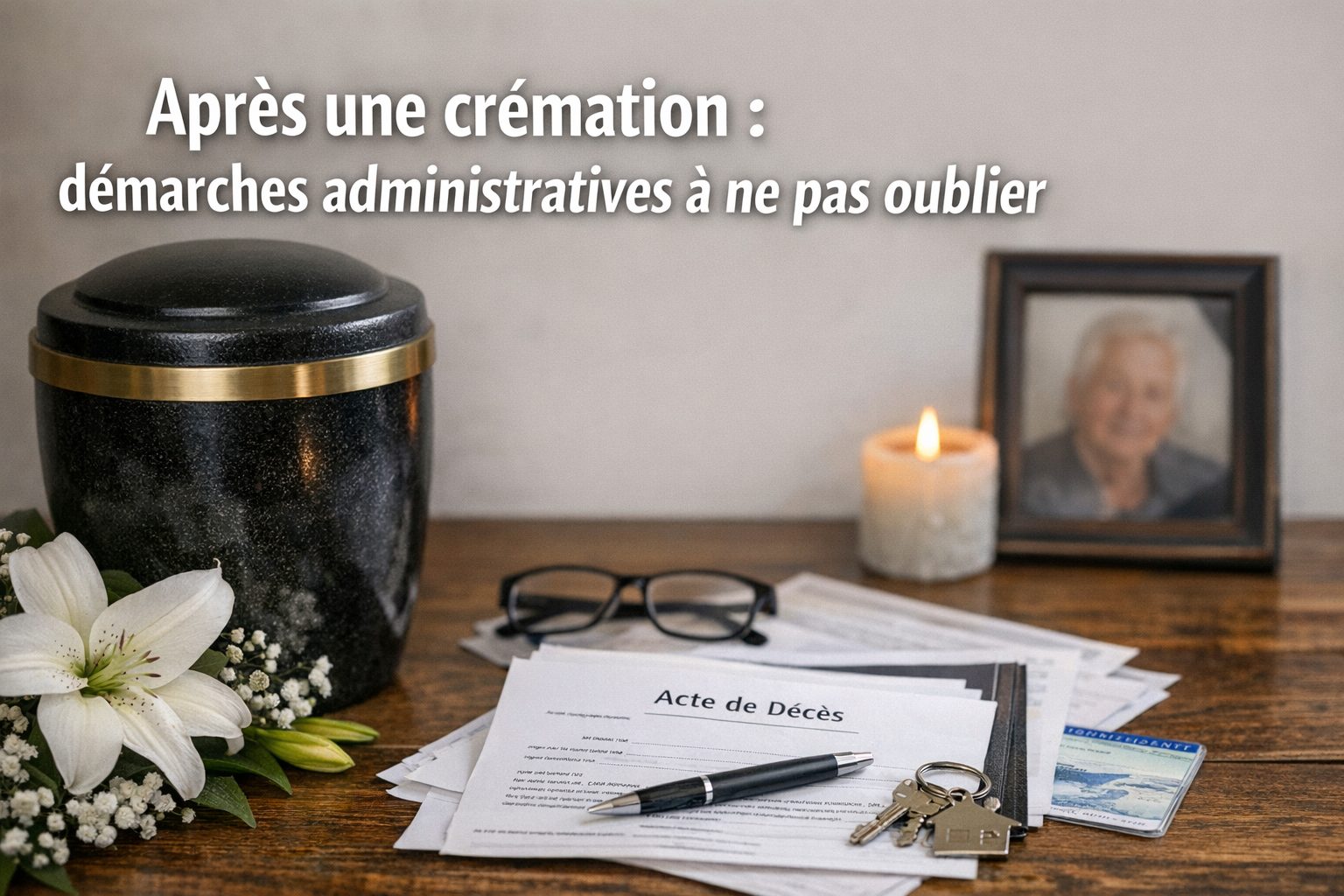 Urne funéraire posée sur une table avec un acte de décès, des documents administratifs, des clés, des lunettes, une bougie allumée et une photo encadrée en arrière-plan.