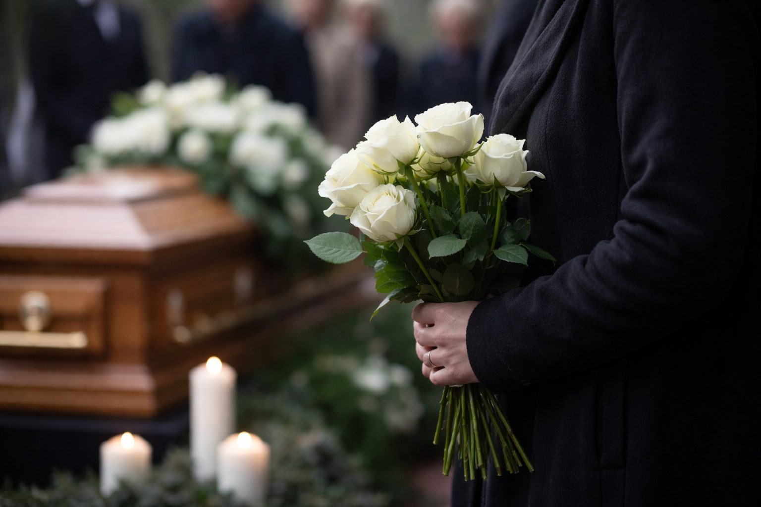 Personne en manteau noir tenant un bouquet de roses blanches devant un cercueil en bois, avec des proches en arrière-plan flou et des bougies allumées.