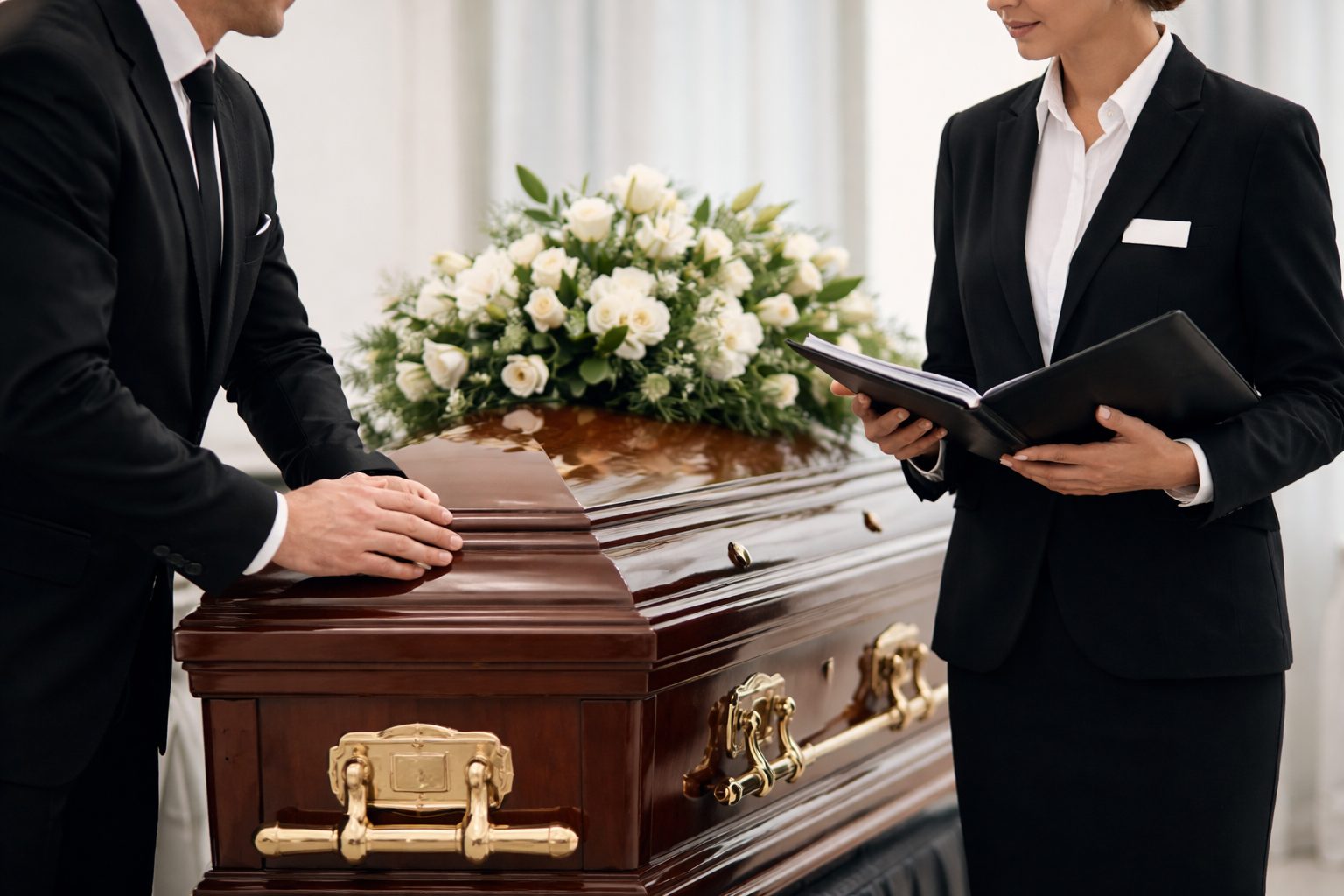Deux professionnels des pompes funèbres en tenue noire vérifient des documents près d’un cercueil en bois avec une composition de fleurs blanches, dans un salon funéraire lumineux.