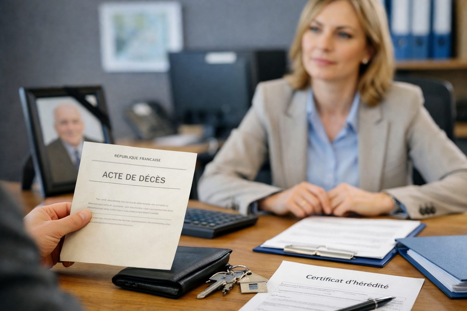 Une personne remet un acte de décès à une conseillère bancaire pour lancer les démarches de succession et sécuriser les comptes