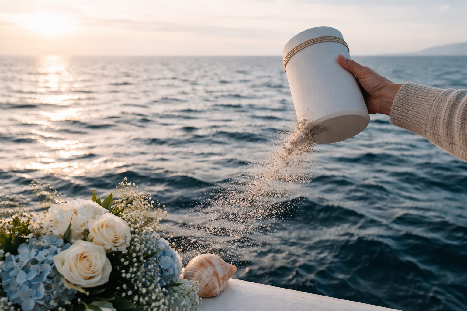 Main tenant une urne biodégradable et dispersant des cendres au-dessus de la mer depuis un bateau, avec un bouquet de fleurs au premier plan au coucher du soleil.