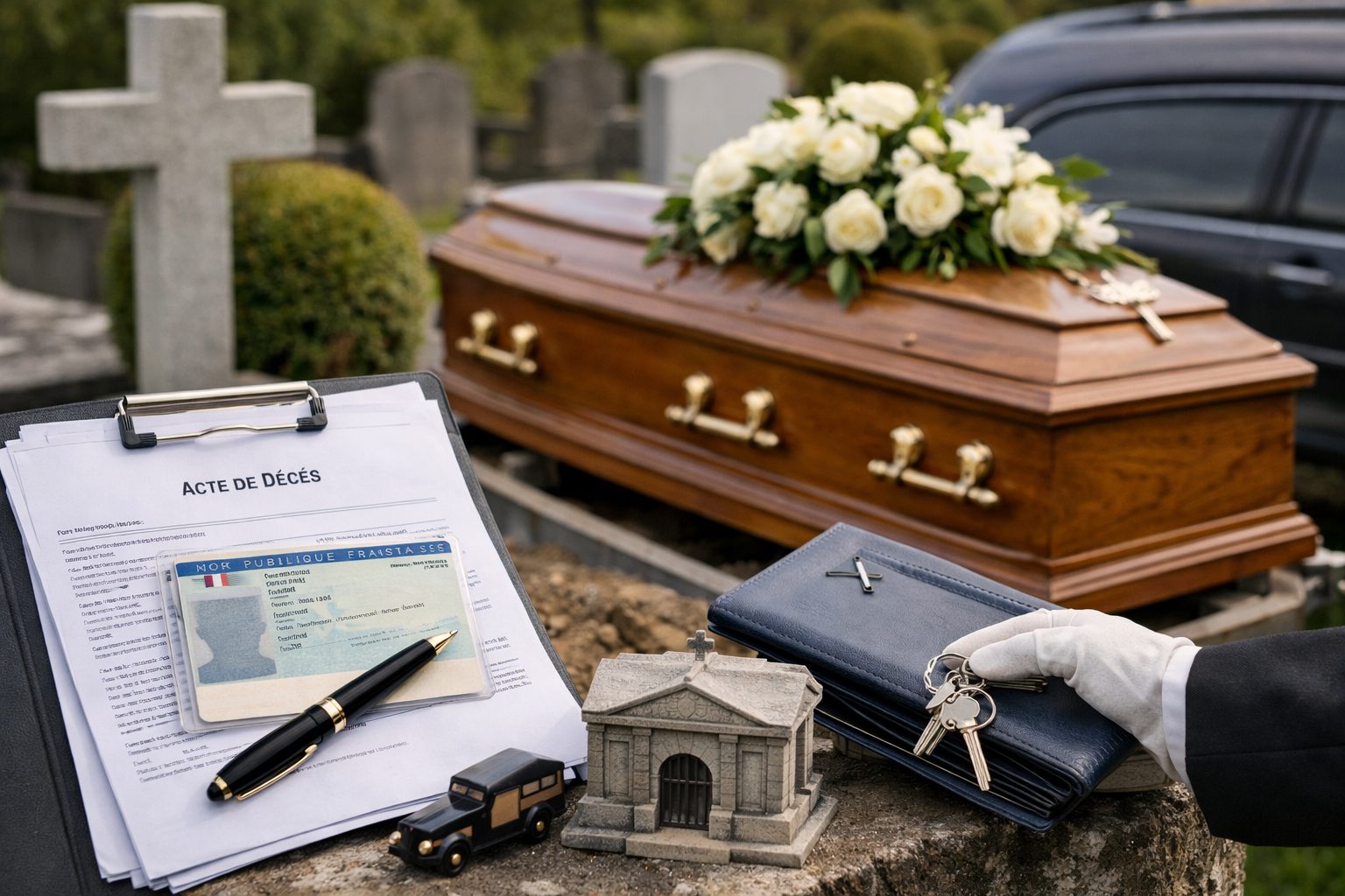 Dossier d’inhumation avec acte de décès, carte d’identité et stylo devant un cercueil fleuri au cimetière