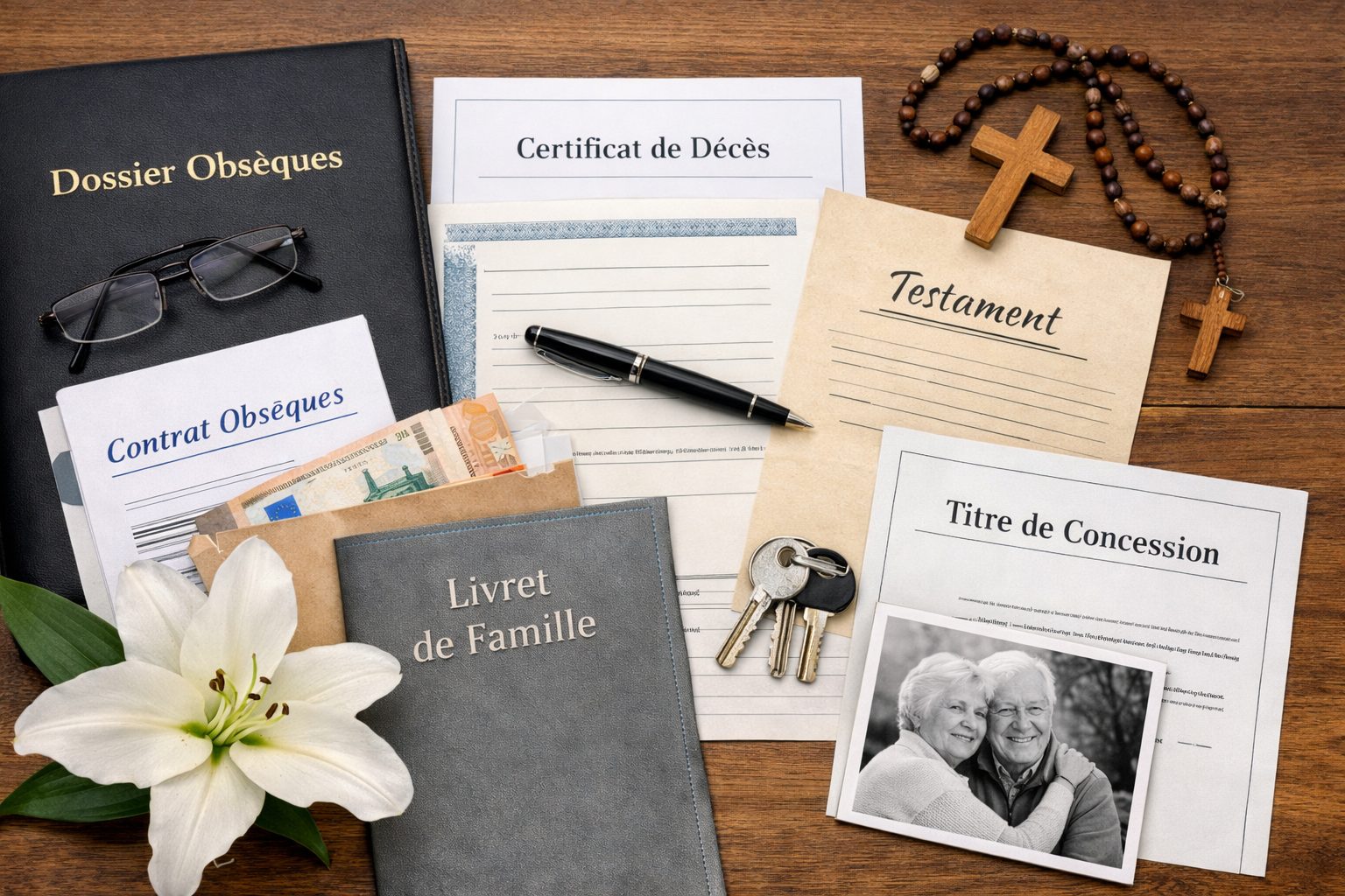 Vue horizontale de documents funéraires sur une table en bois (dossier obsèques, certificat de décès, contrat obsèques, livret de famille, testament, titre de concession), avec une fleur de lys blanche, un chapelet, une croix, des clés, un stylo et une photo souvenir.