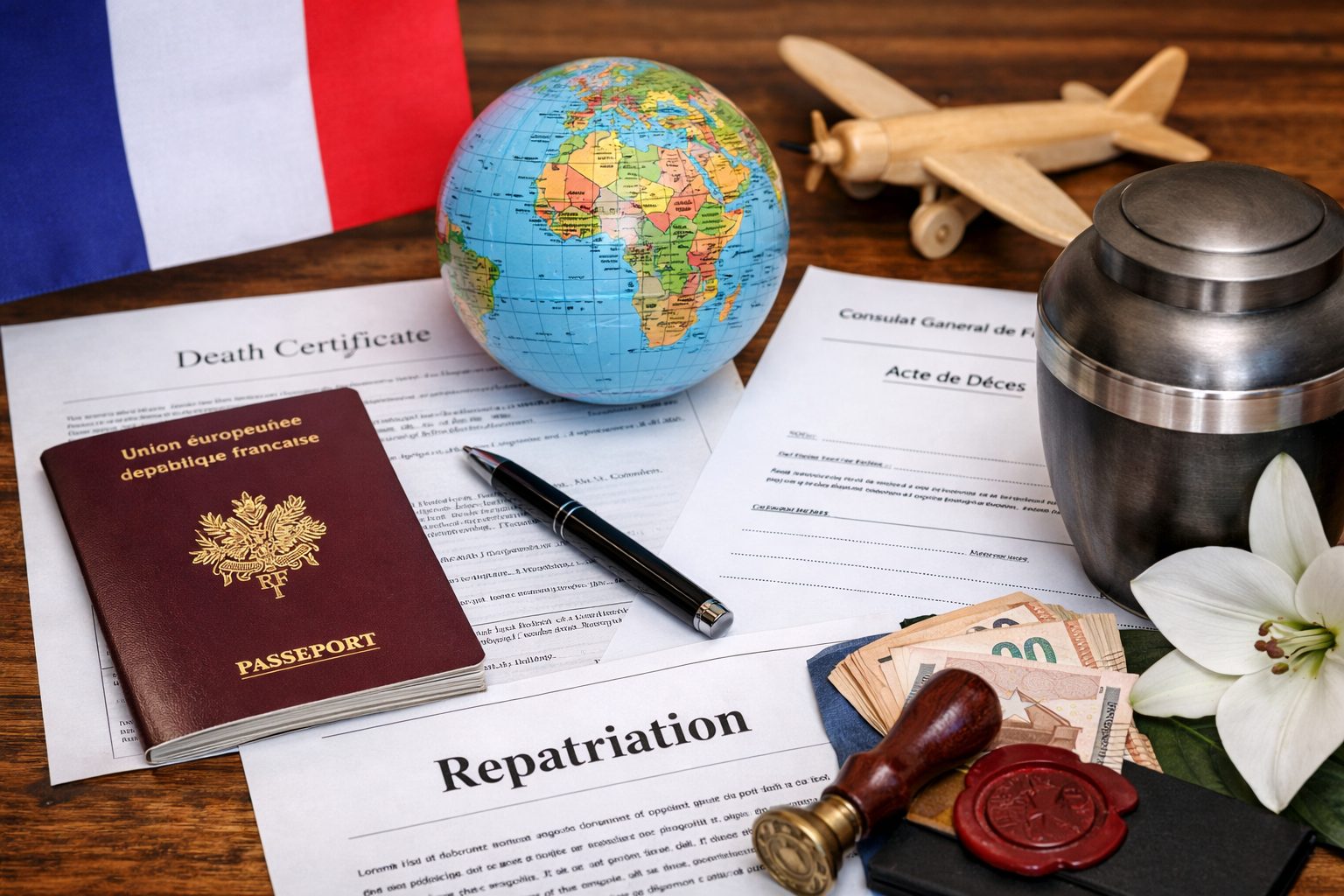 Passeport français, acte de décès, formulaire de consulat, globe, urne funéraire et documents de rapatriement posés sur une table