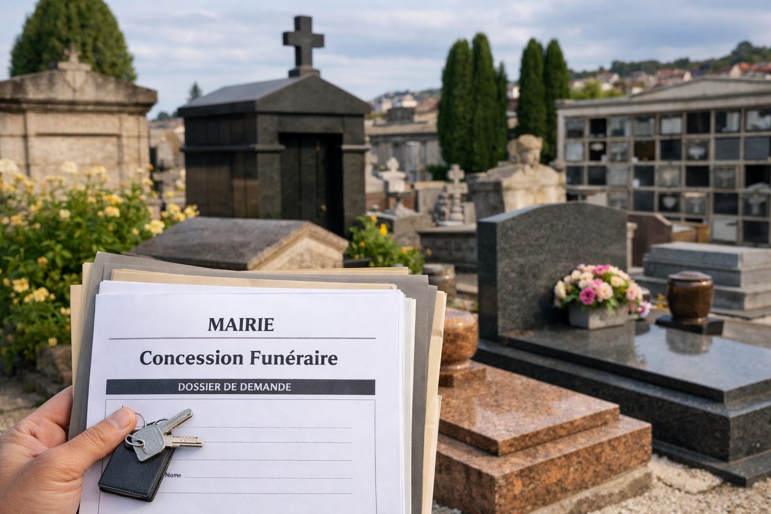Main tenant un dossier “Mairie – Concession funéraire” avec des clés, devant des tombes dans un cimetière