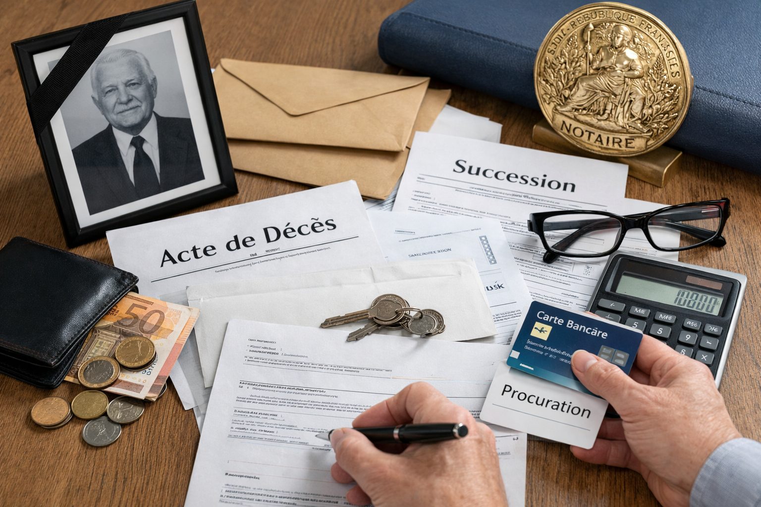 Mains signant des documents de succession avec acte de décès, carte bancaire, procuration et dossiers notariés sur une table