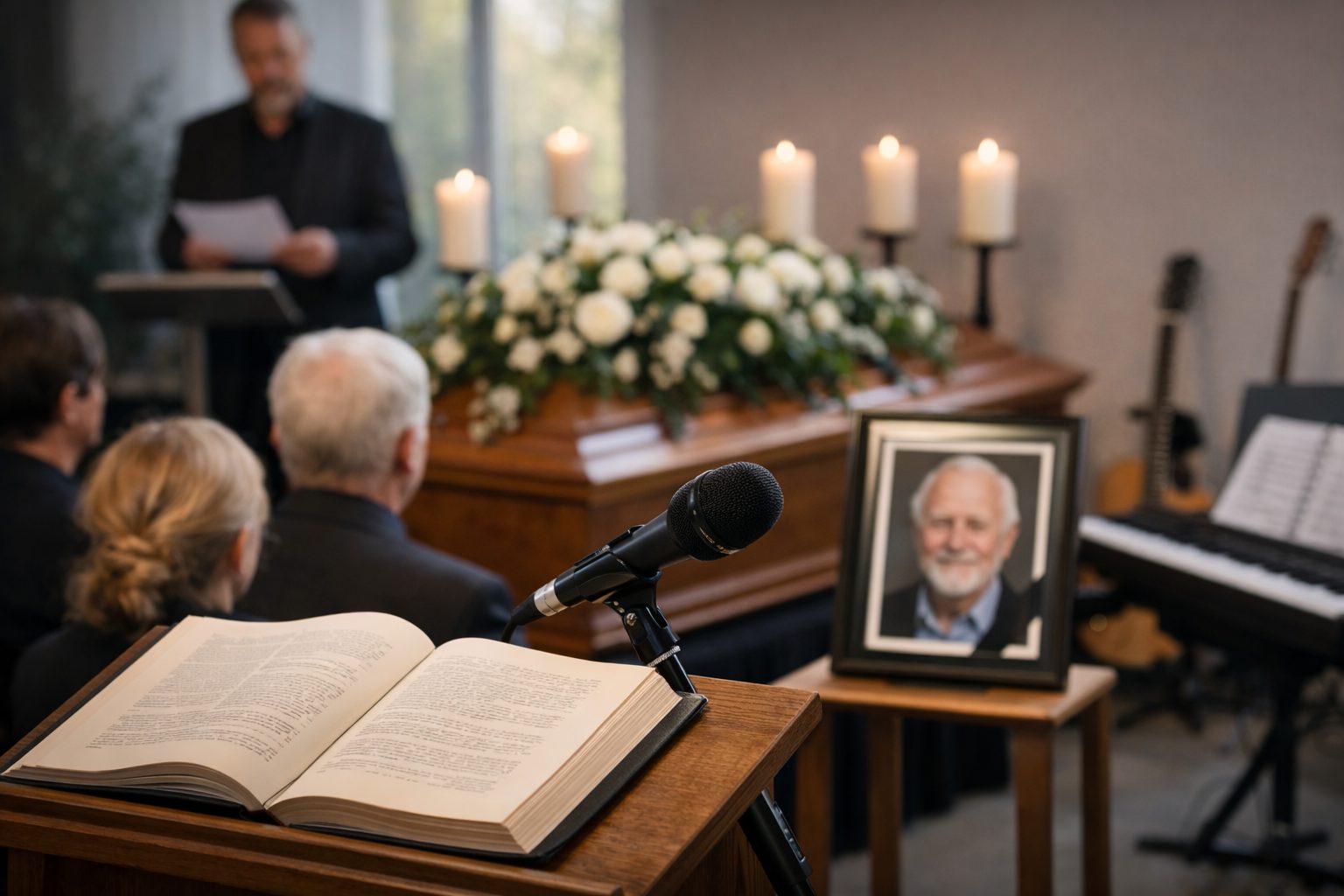 Micro et livre ouvert au pupitre, cercueil fleuri et portrait du défunt lors d’une cérémonie d’adieu en intérieur