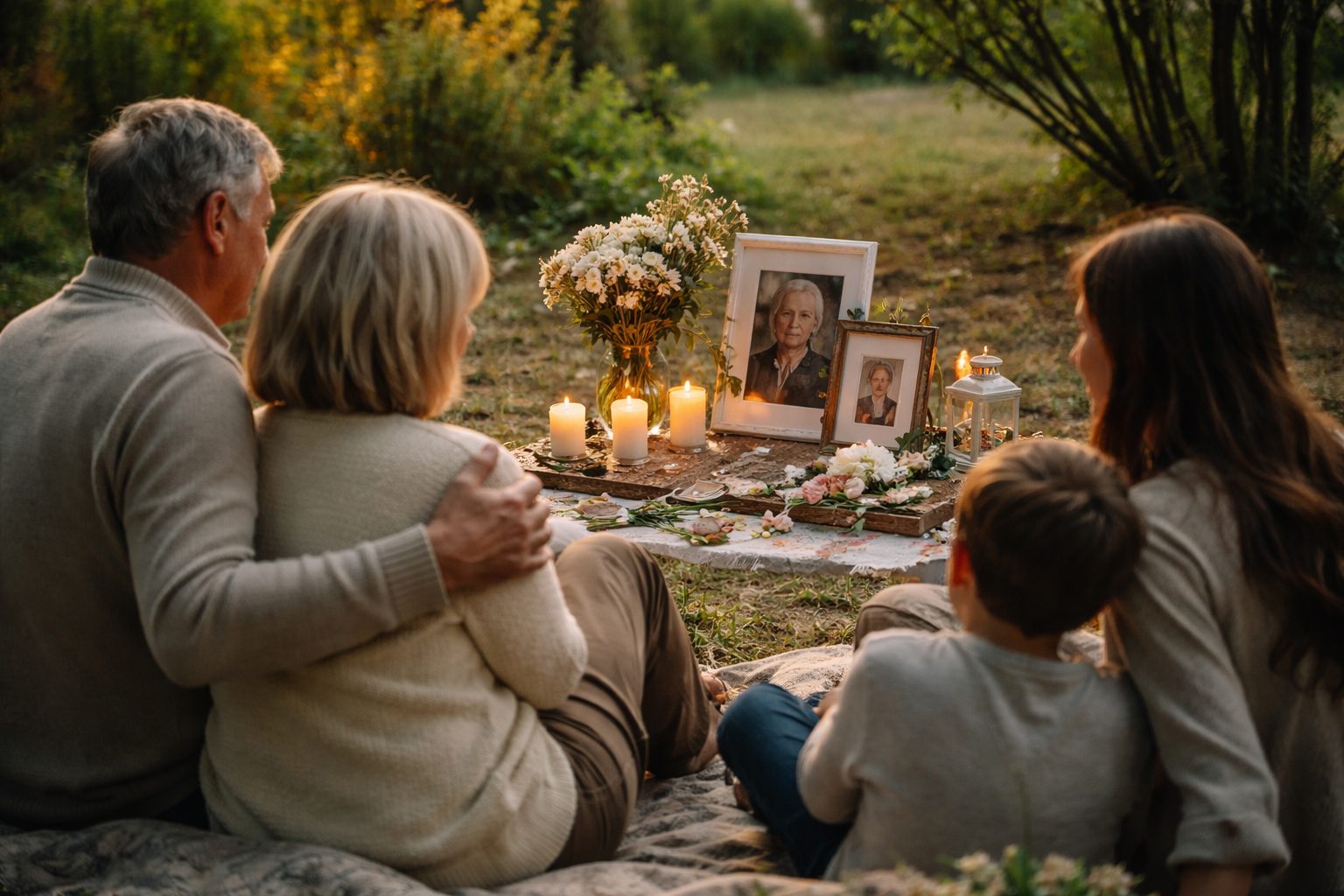 Famille réunie dans un jardin au coucher du soleil, assise sur une couverture face à un petit espace hommage avec bougies, fleurs et photos encadrées.