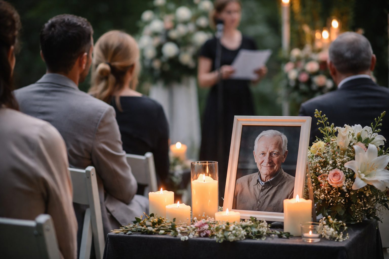 Cérémonie commémorative en extérieur avec des personnes assises, un cadre photo du défunt, des bougies allumées et un bouquet de fleurs au premier plan.
