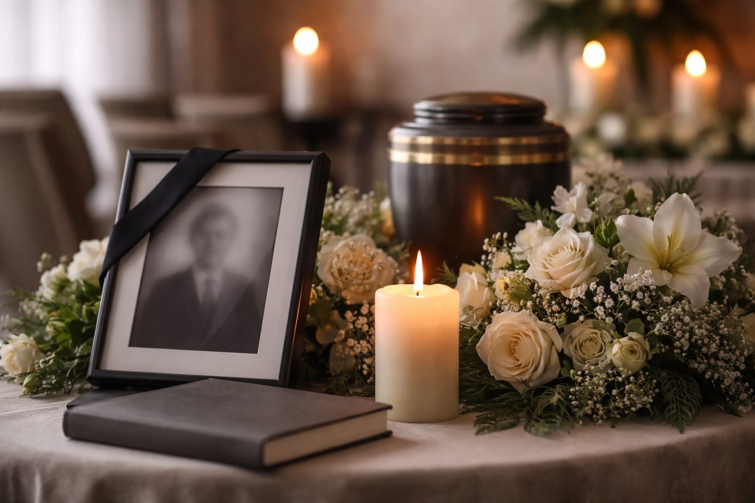 Photo horizontale d’un hommage discret : cadre noir avec portrait en noir et blanc, urne funéraire, bougies allumées, livre fermé et composition de fleurs blanches dans une salle calme.