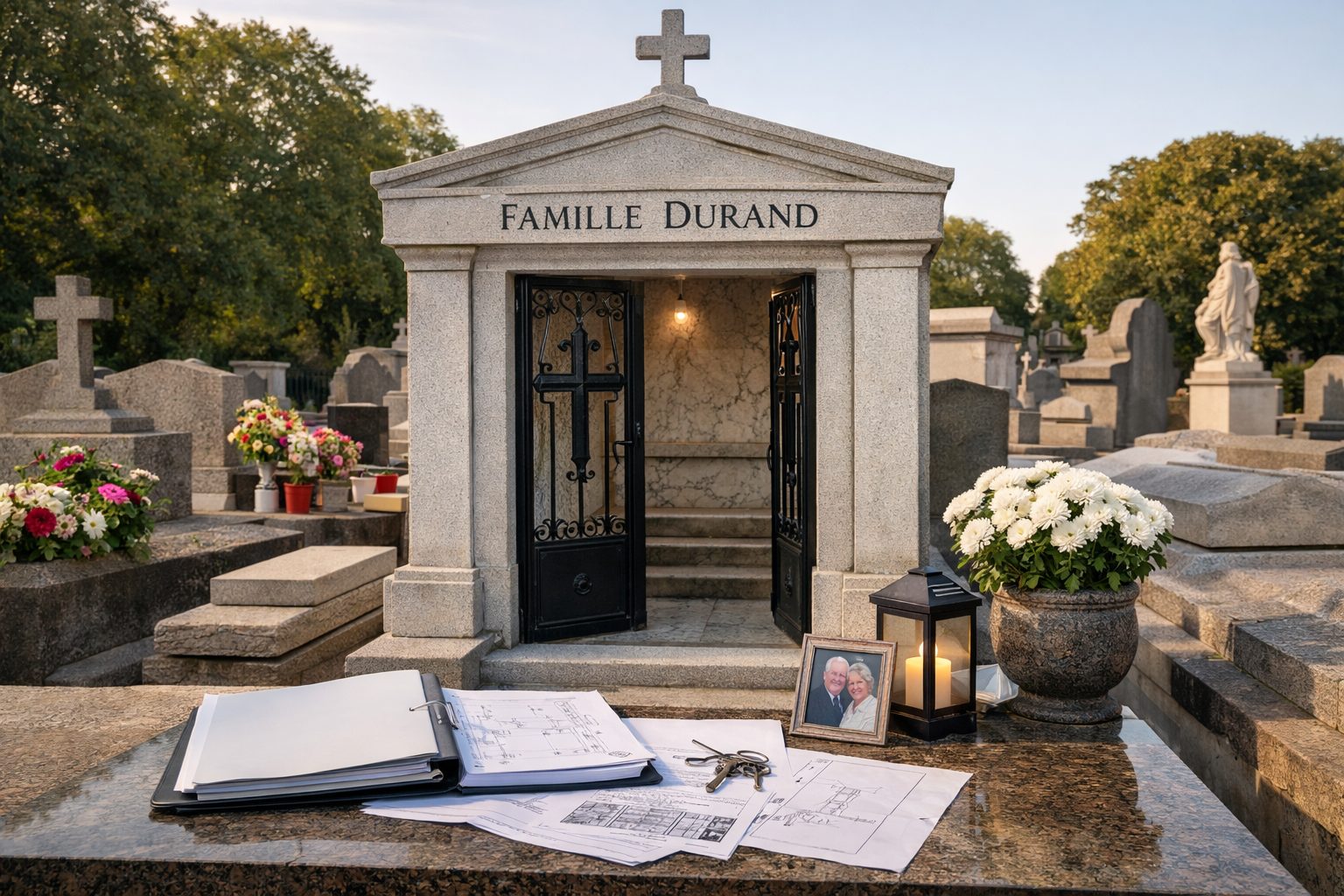 Vue horizontale d’un caveau familial en pierre dans un cimetière, avec un classeur de documents, des plans, une lanterne allumée et une photo de couple posés au premier plan