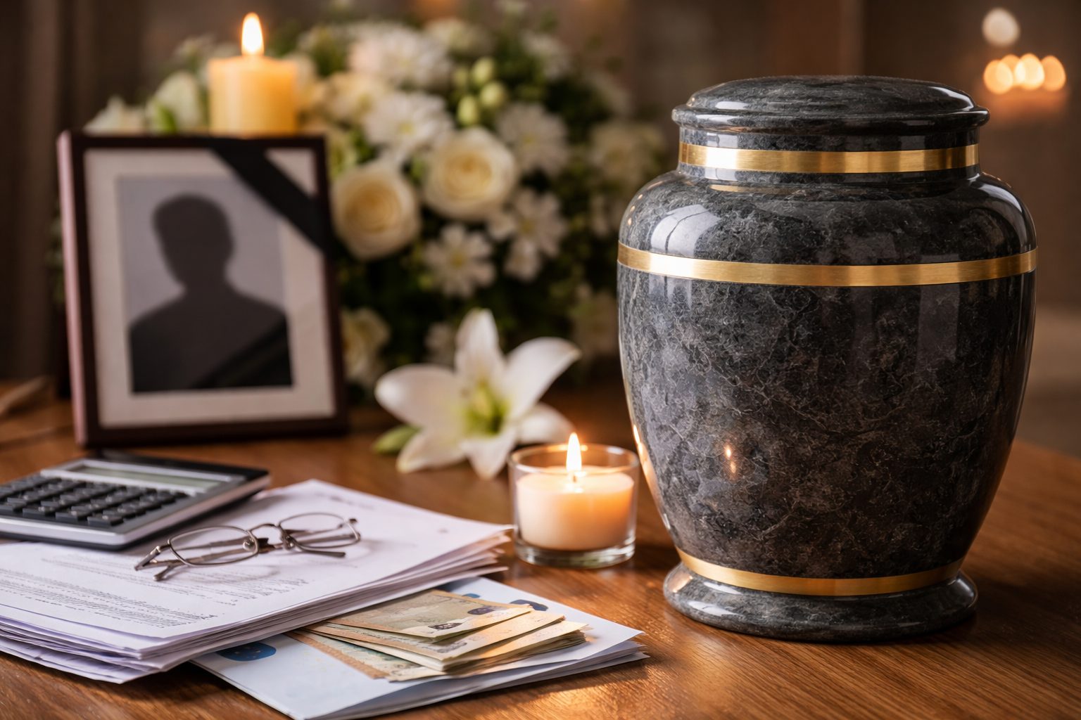 Urne funéraire posée sur une table avec des documents, une calculatrice et des billets, bougies et fleurs en arrière-plan, illustrant les frais annexes d’une crémation