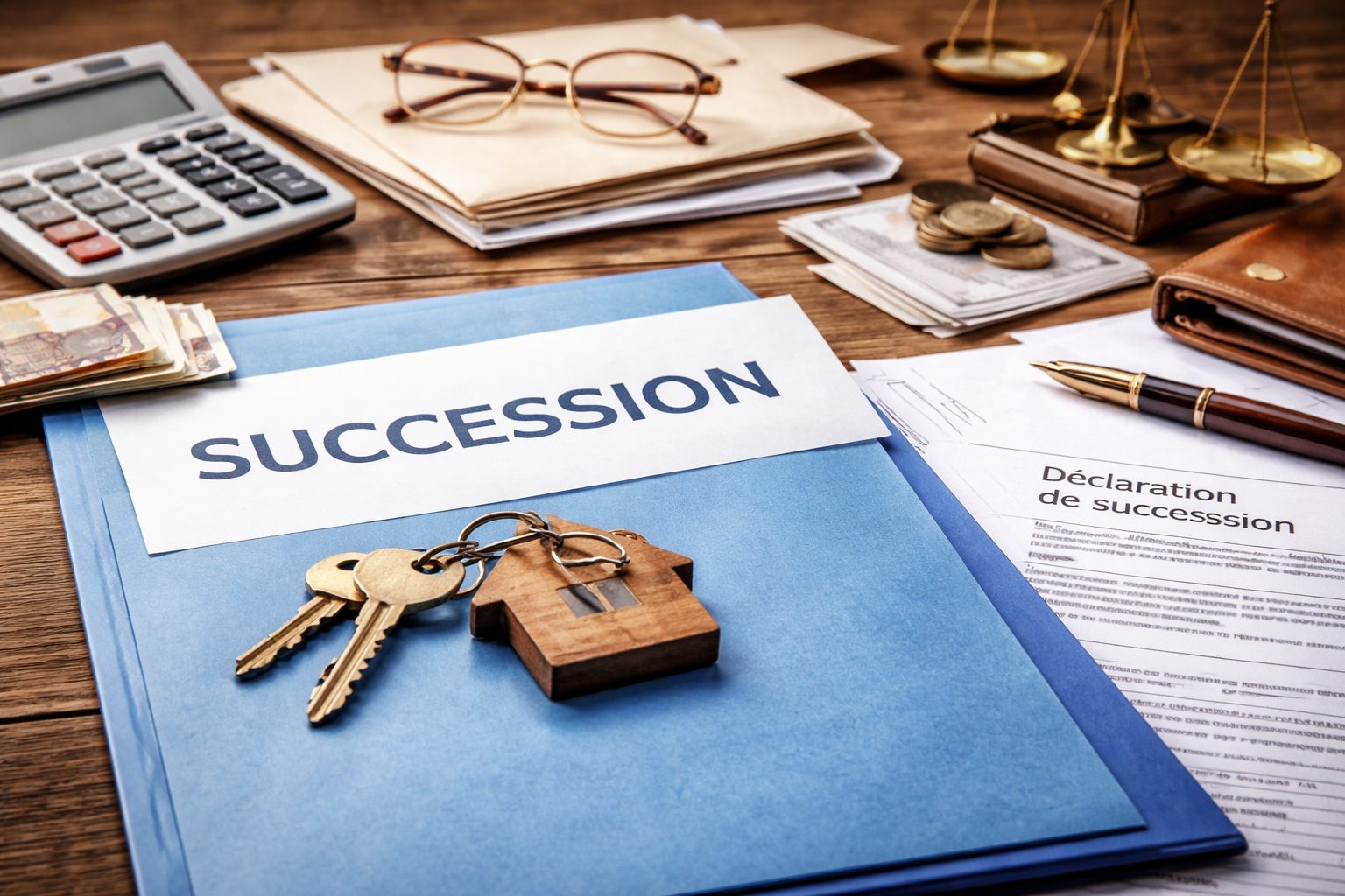 Dossier intitulé « Succession » posé sur un bureau en bois avec des clés de maison, une déclaration de succession, une calculatrice, des billets en euros et une balance de justice.