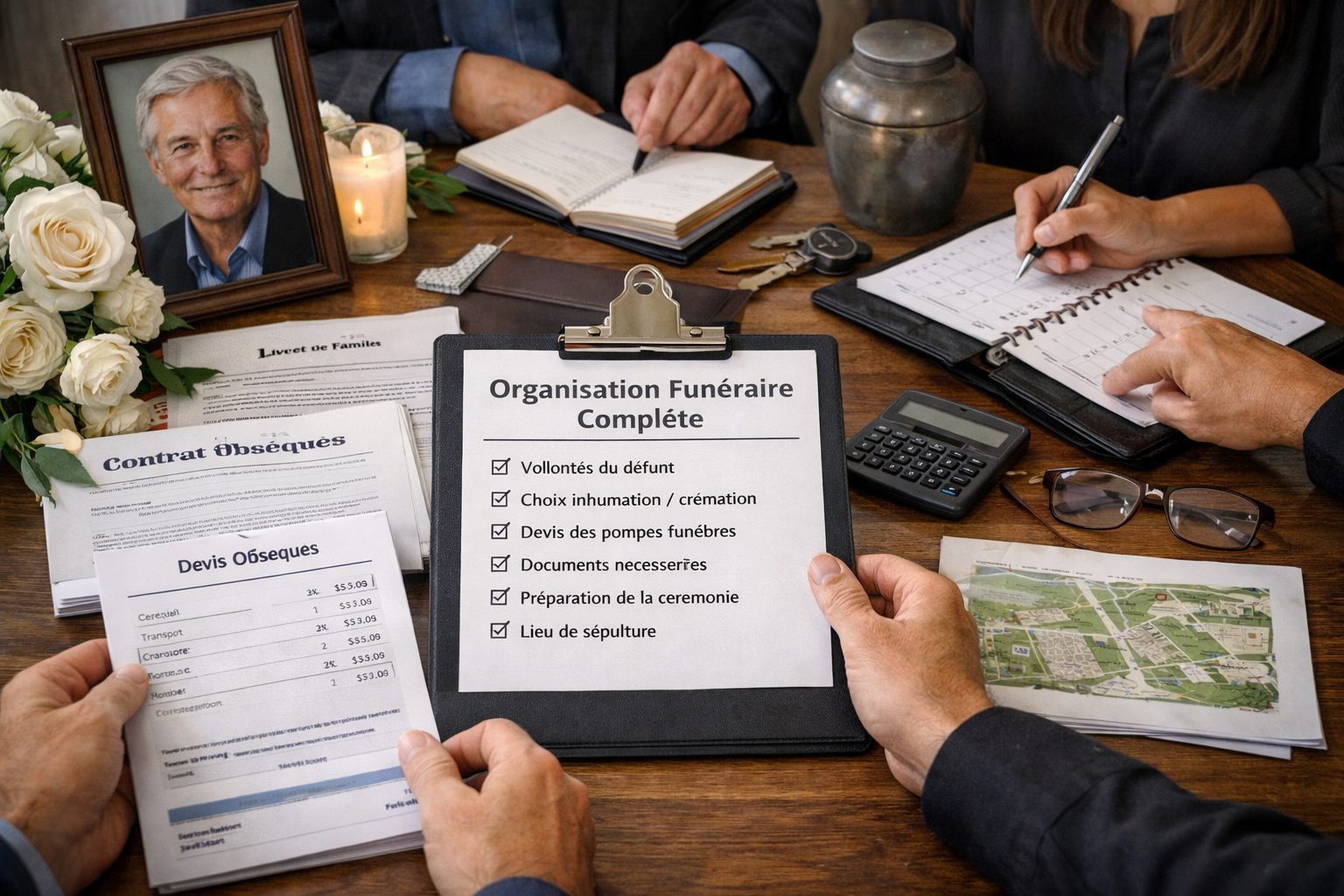 Organisation funéraire complète avec checklist, devis obsèques, contrat funéraire, urne, portrait du défunt et préparation familiale