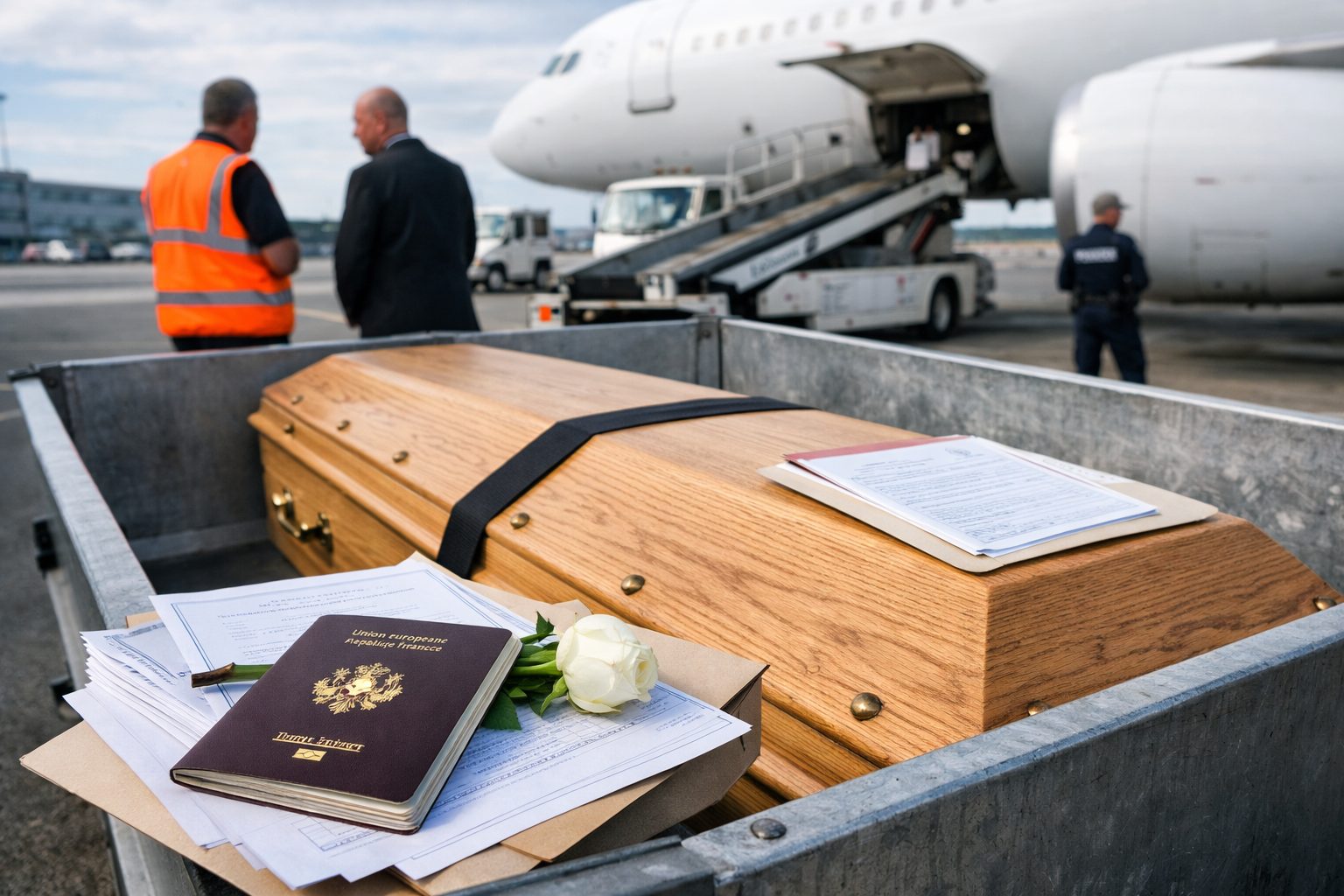 Cercueil préparé pour un rapatriement à l’aéroport, avec documents administratifs, passeport français et rose blanche au premier plan, avion cargo en arrière-plan.