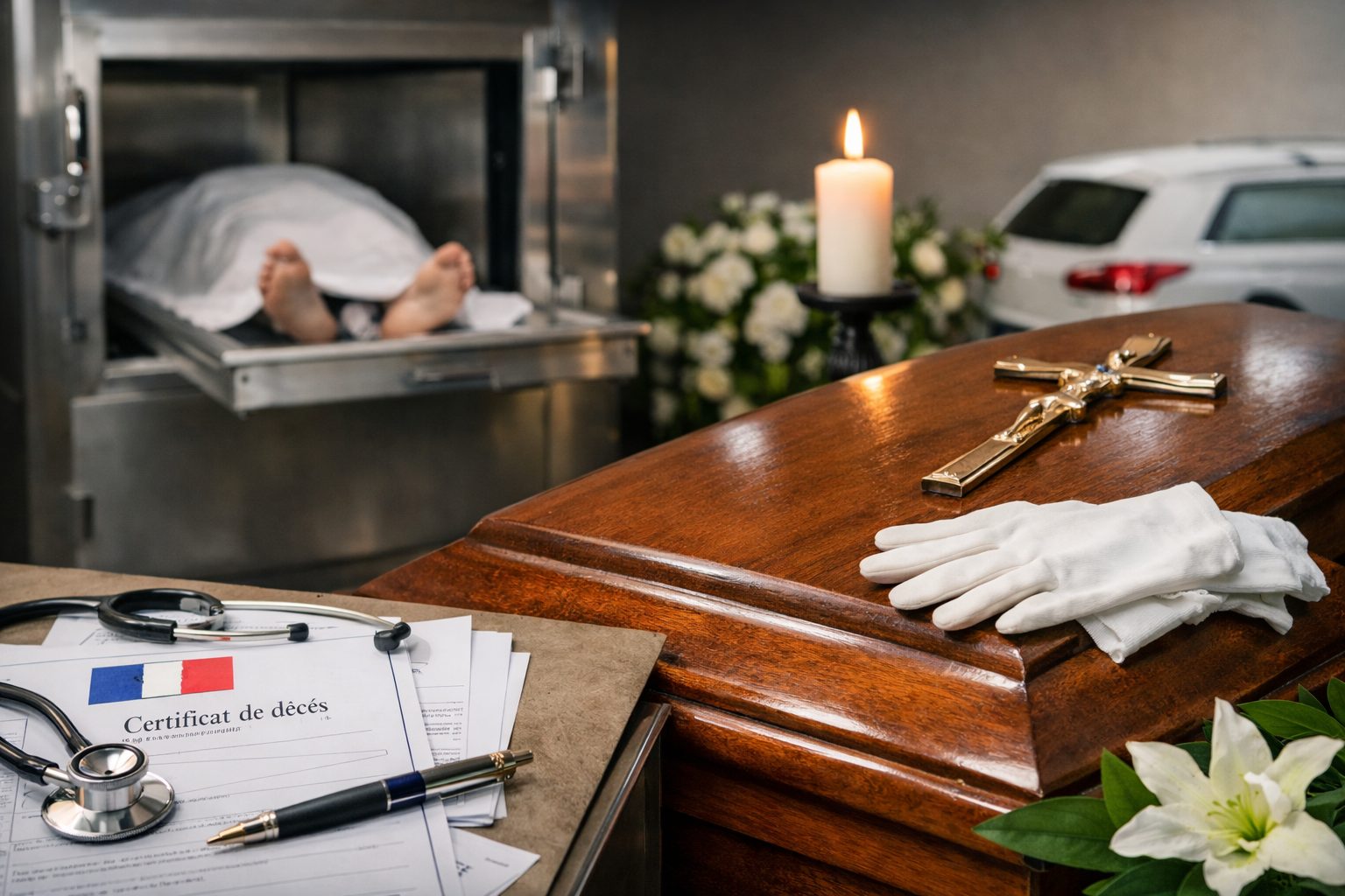 Cercueil en bois avec croix, gants blancs et bougies dans une chambre funéraire, avec certificat de décès et espace réfrigéré en arrière-plan