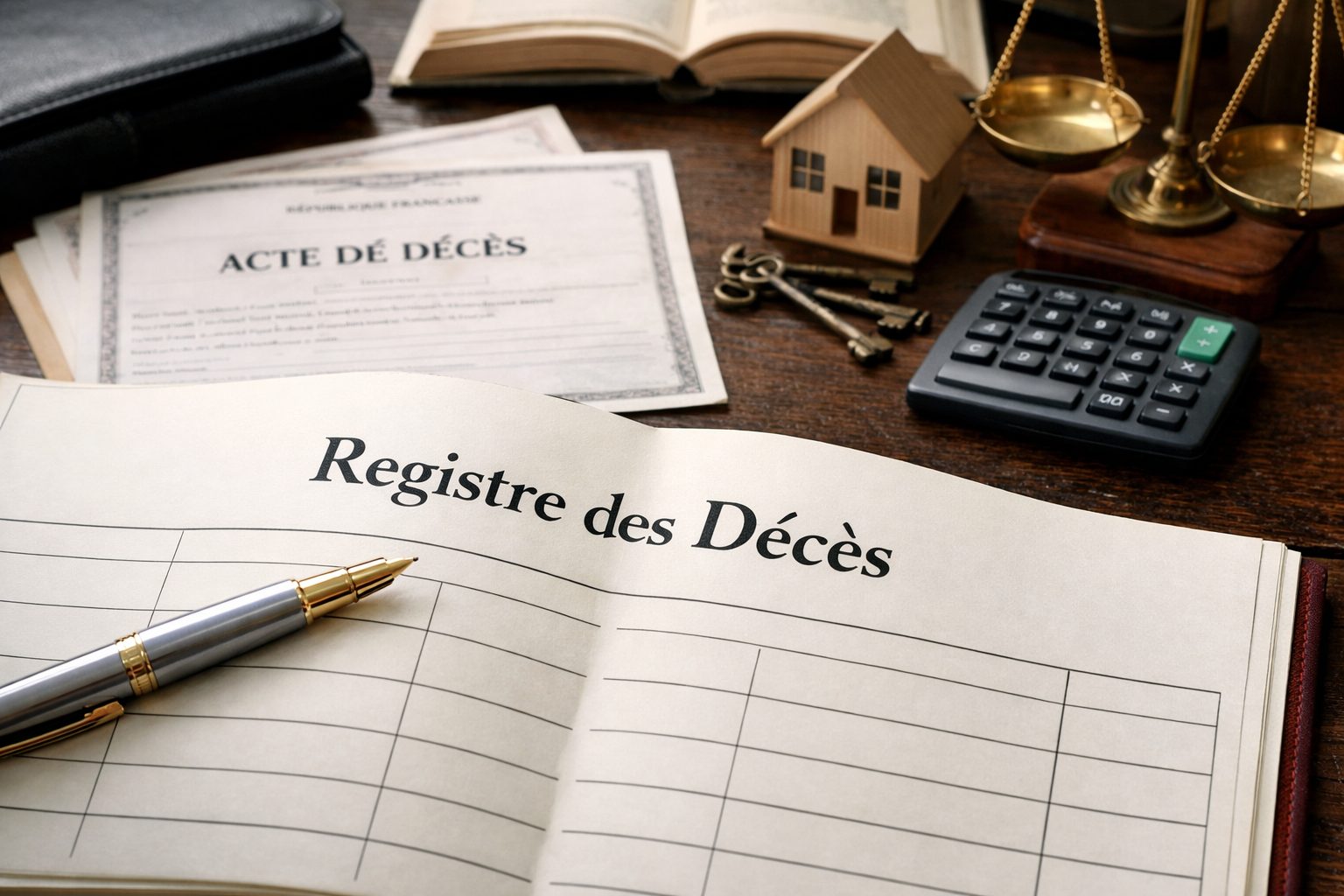 Gros plan horizontal d’un registre des décès ouvert, avec un acte de décès, une petite maison, une balance, des clés et une calculatrice sur un bureau en bois