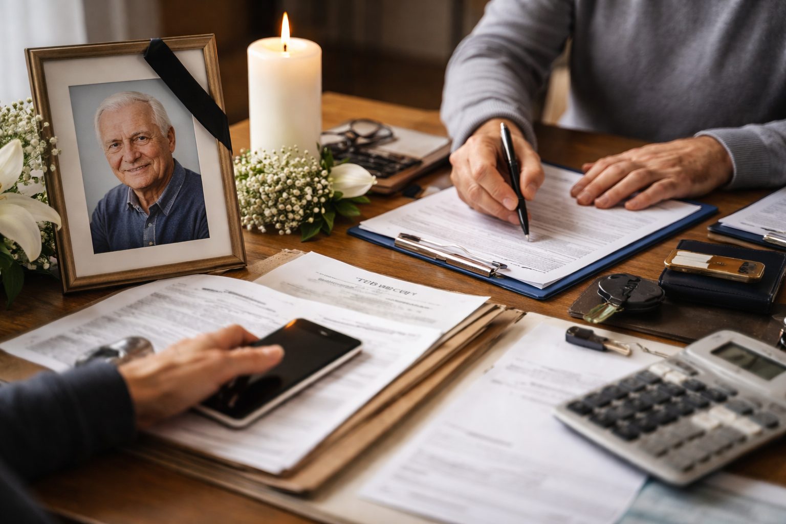 Deux proches remplissent des formulaires administratifs après un décès, avec un acte de décès, une photo encadrée, une bougie, un téléphone, des clés et une calculatrice sur une table.