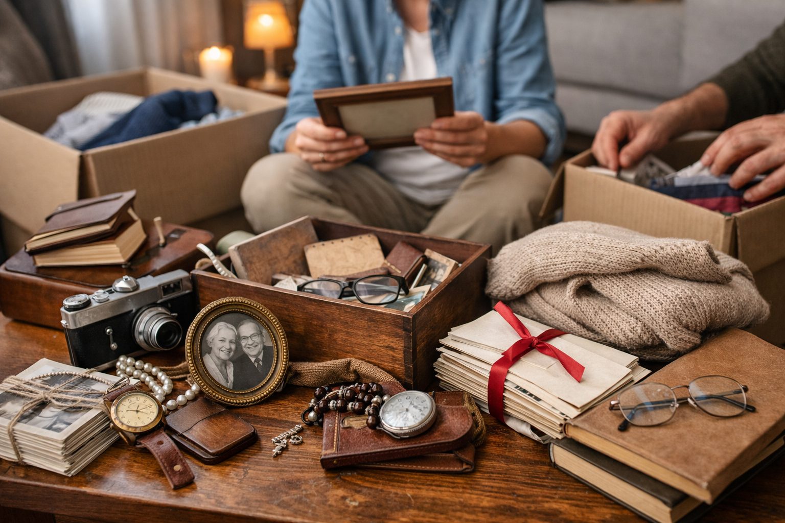 Deux personnes trient des effets personnels du défunt dans un salon, avec boîtes, photos, bijoux, montre et courrier sur une table.