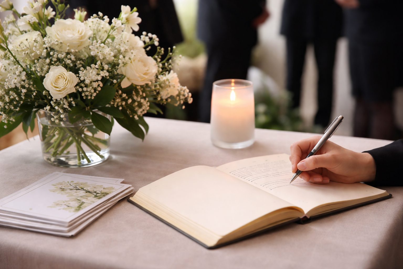 Main écrivant dans un registre de condoléances posé sur une table, avec une bougie allumée, des fleurs blanches et des cartes de soutien