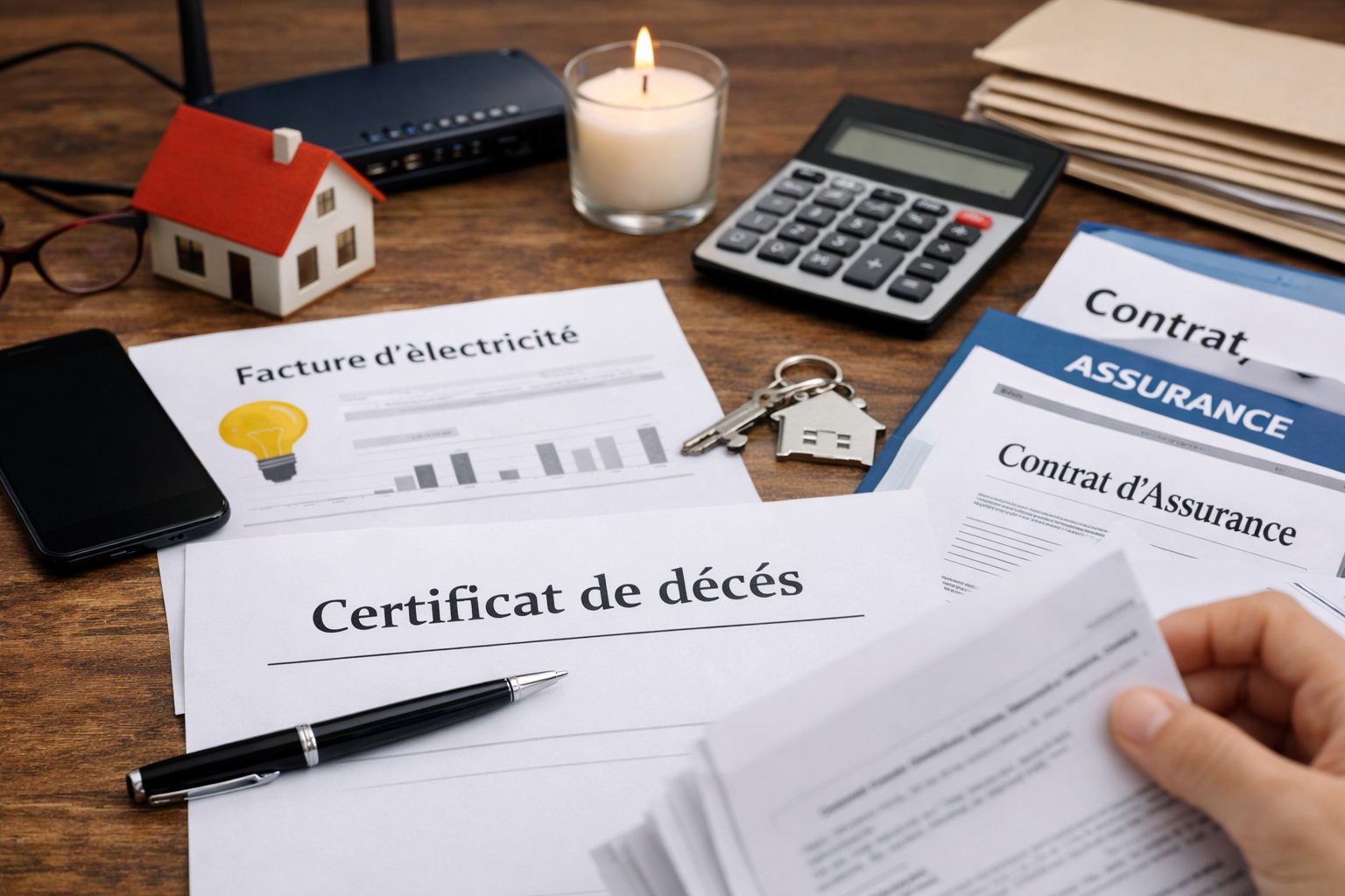 Certificat de décès posé sur une table avec factures d’électricité, contrat d’assurance, routeur internet, calculatrice et clés de maison.