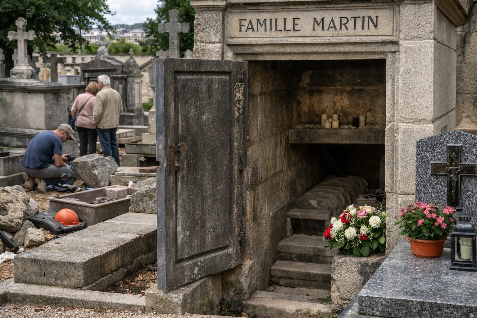 Caveau familial en pierre ouvert avec escalier visible, un artisan marbrier travaille à côté et des proches se tiennent en arrière-plan dans un cimetière.