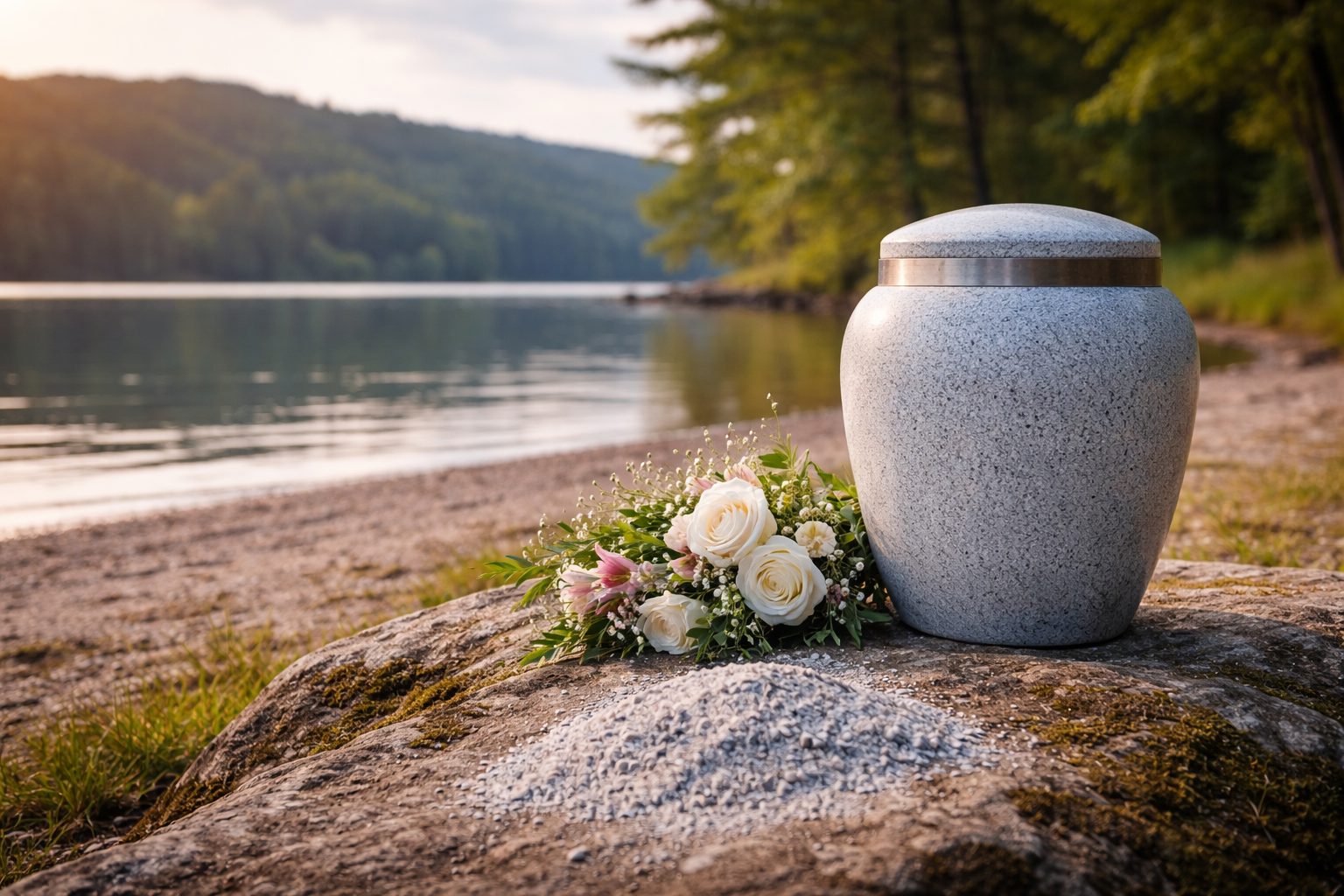 Urne cinéraire en pierre posée sur un rocher au bord d’un lac, avec un bouquet de fleurs et des cendres, dans une ambiance calme au coucher du soleil