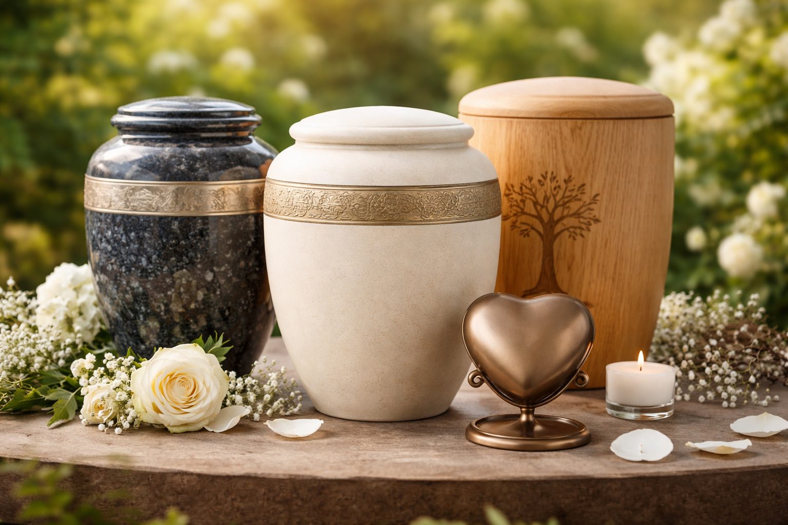 Photo horizontale montrant plusieurs urnes funéraires en pierre, céramique, bois et métal, avec des fleurs blanches et une bougie, dans un décor de jardin lumineux.