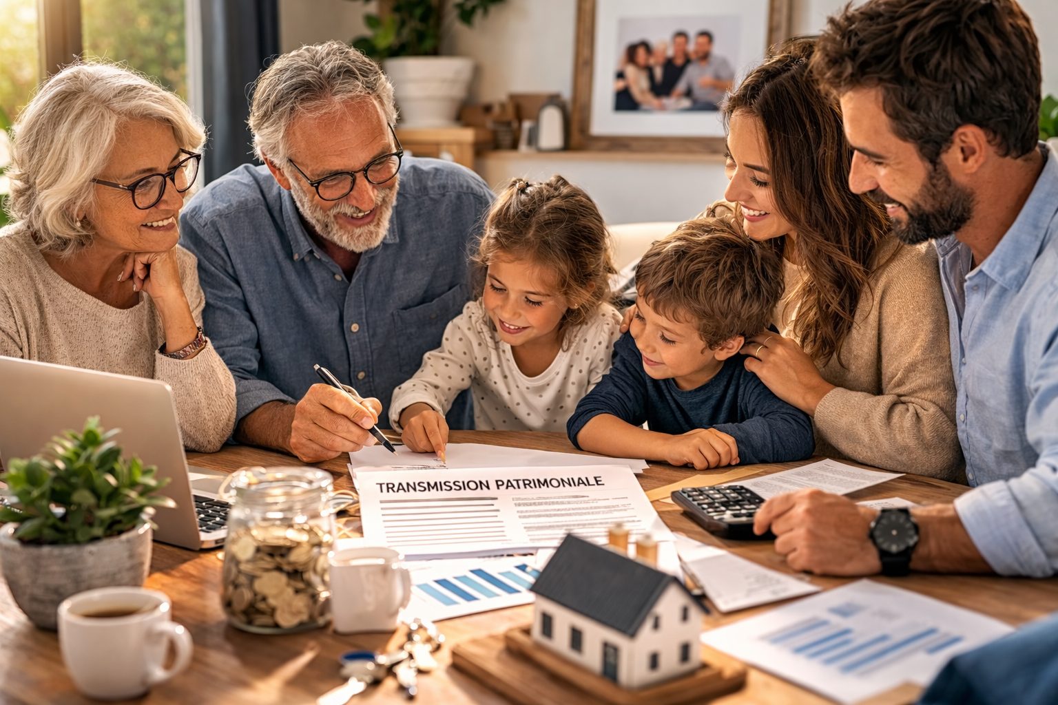 Famille réunie avec un conseiller pour anticiper la transmission du patrimoine et protéger ses proches